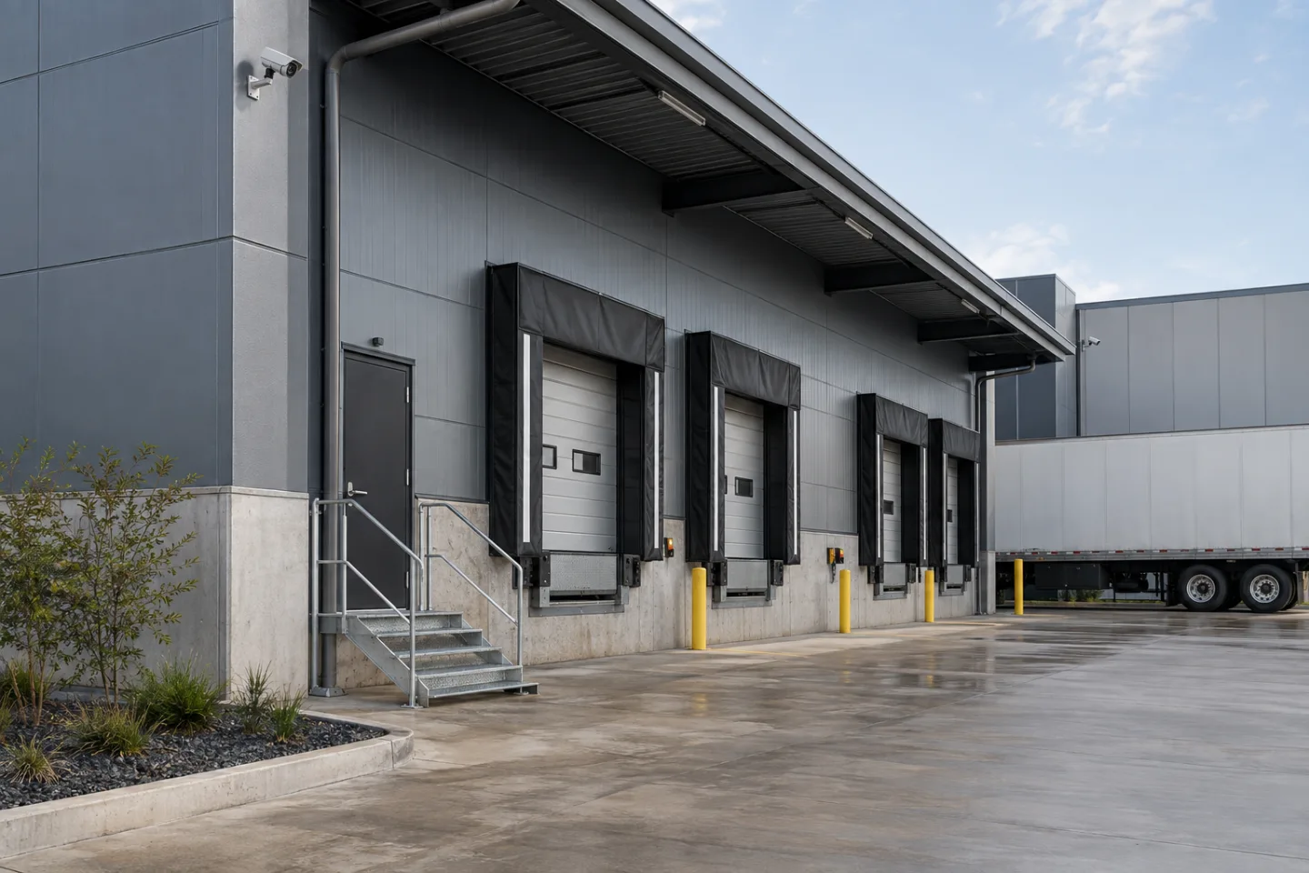 Commercial loading dock viewed diagonally with two discreet correctly mounted cameras covering separate approaches, dry daylight, no people or logos