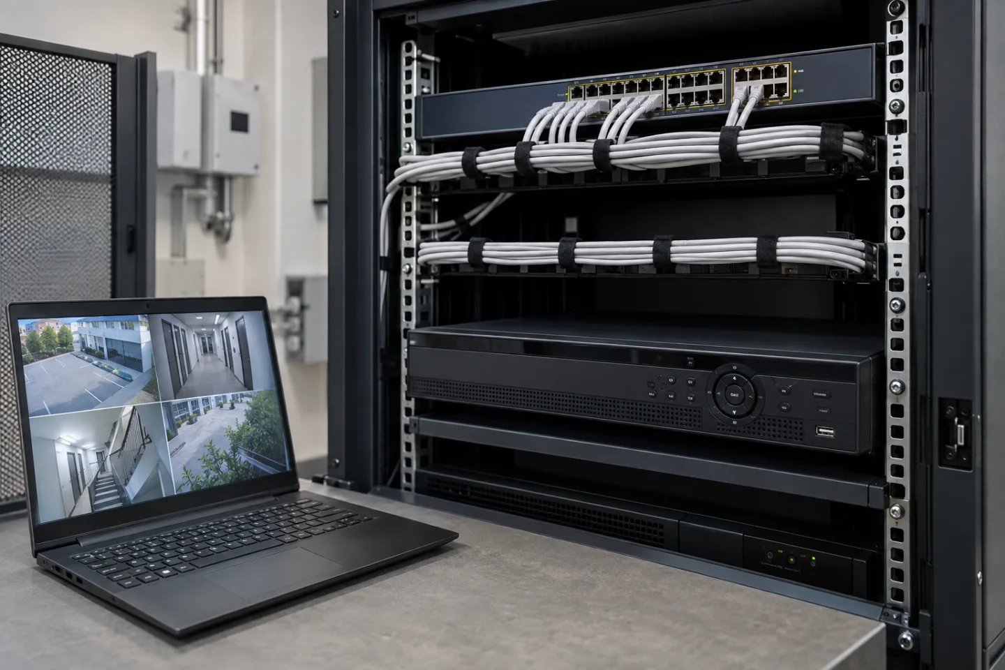 Close editorial view of a tidy video network cabinet with PoE switch and rack recorder, correctly supported patch leads and a maintenance laptop with abstract screen