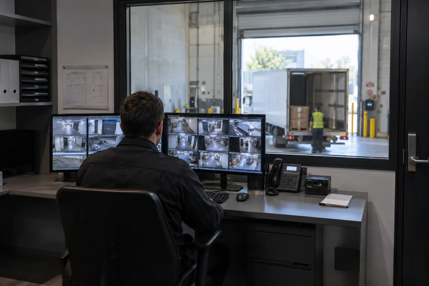 Retail service corridor security office overlooking a loading entrance, one operator seen from behind reviewing camera thumbnails, realistic small workstation