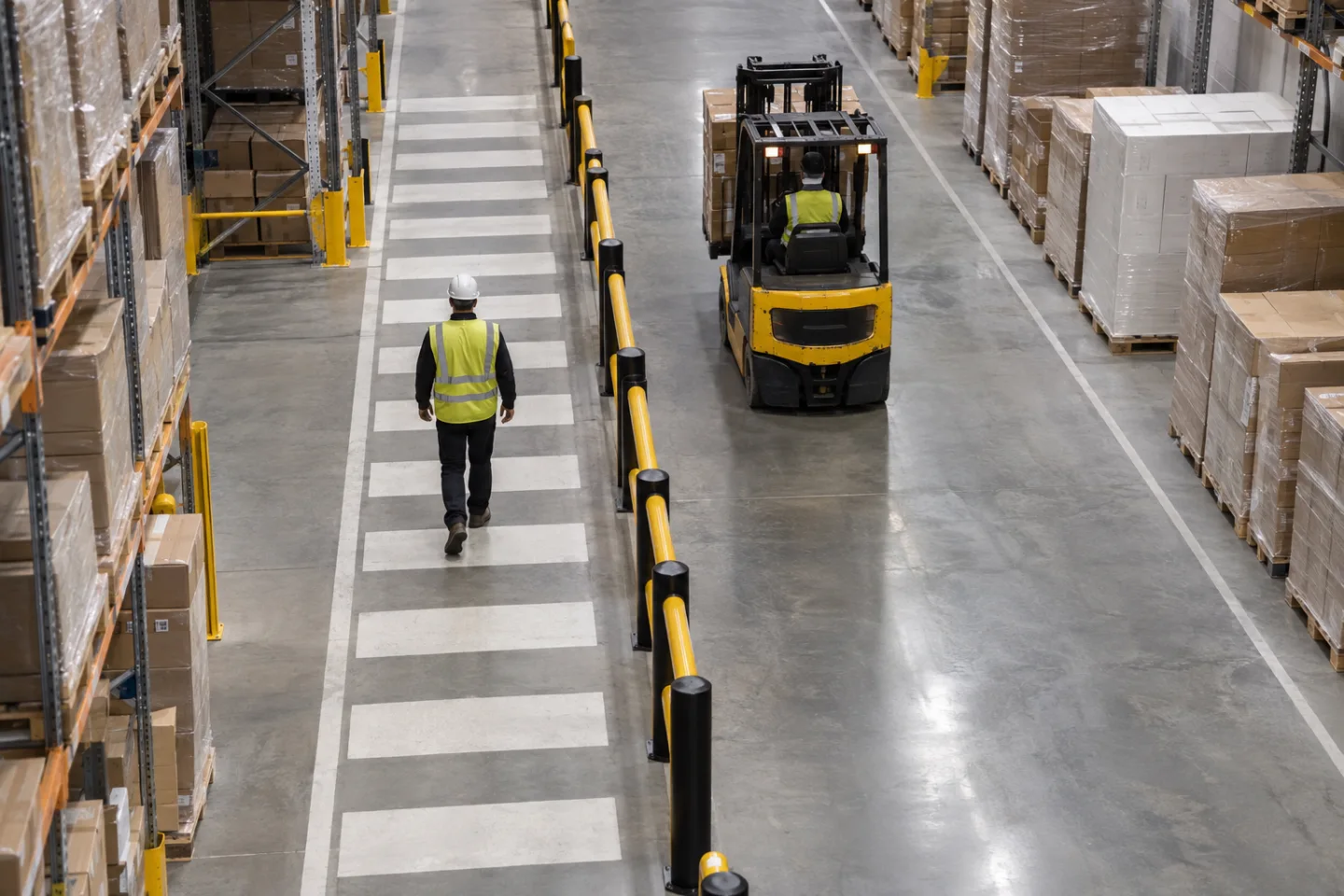 Distribution centre pedestrian crossing separated from forklift lanes by protective barriers, a worker wearing PPE on the walkway, fixed camera overhead
