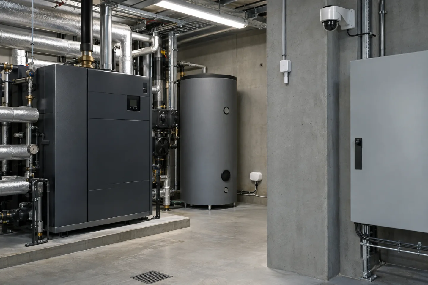Mechanical room with temperature sensor, leak point sensor and fixed camera mounted separately around stable equipment, neatly routed physical wiring, no labels