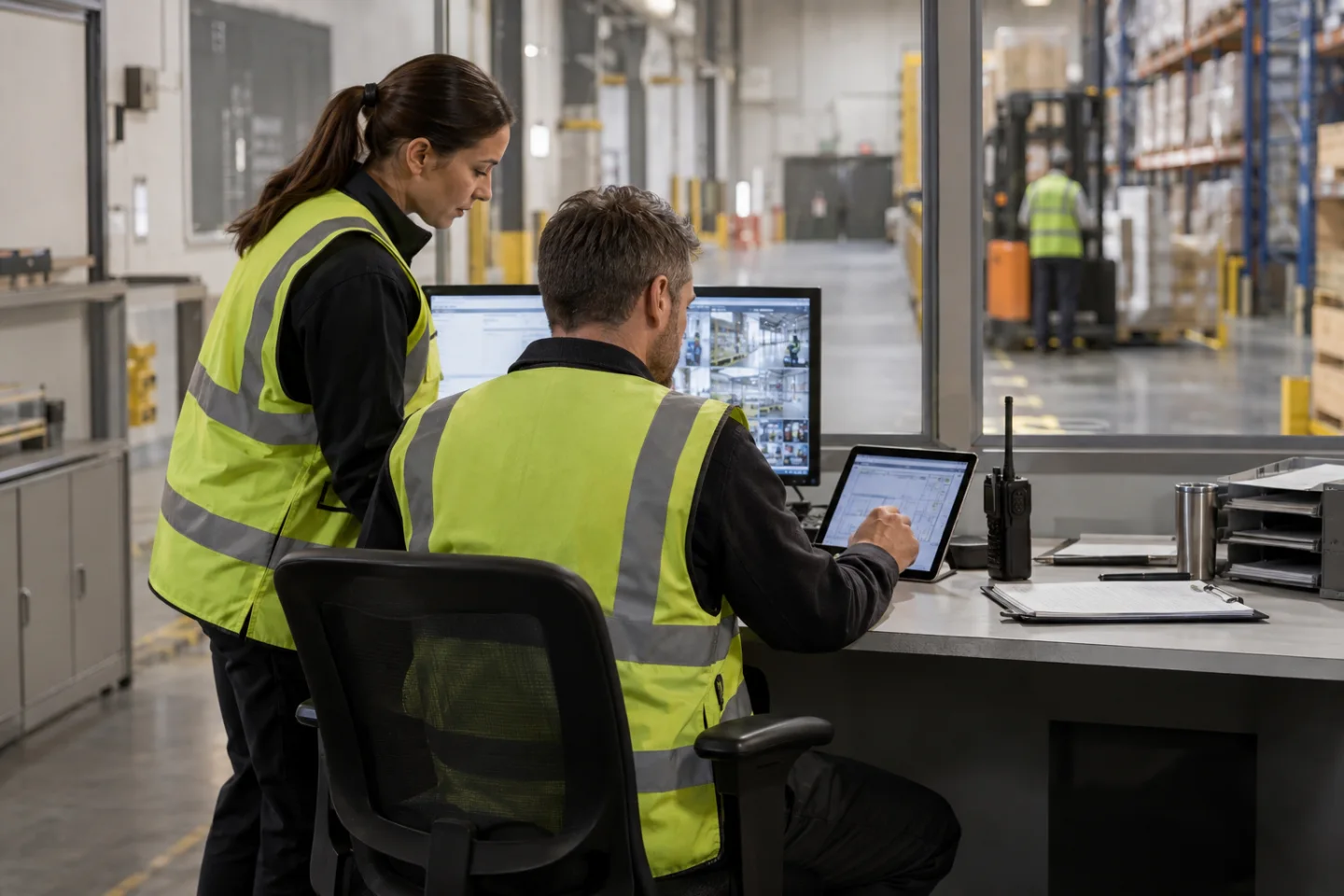 Warehouse shift supervisor at a small operations desk with a radio and tablet while a colleague stands nearby, abstract screen content, realistic commercial setting