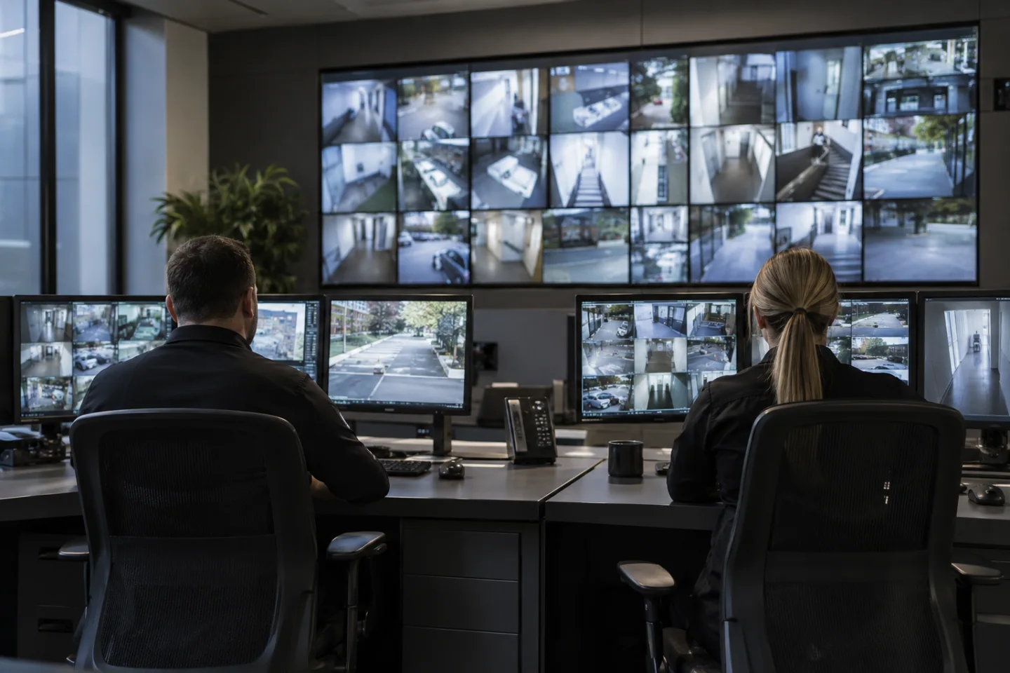 Modern modest operations room with two operators seen from behind and multiple abstract camera thumbnails, physically plausible consoles, no readable text