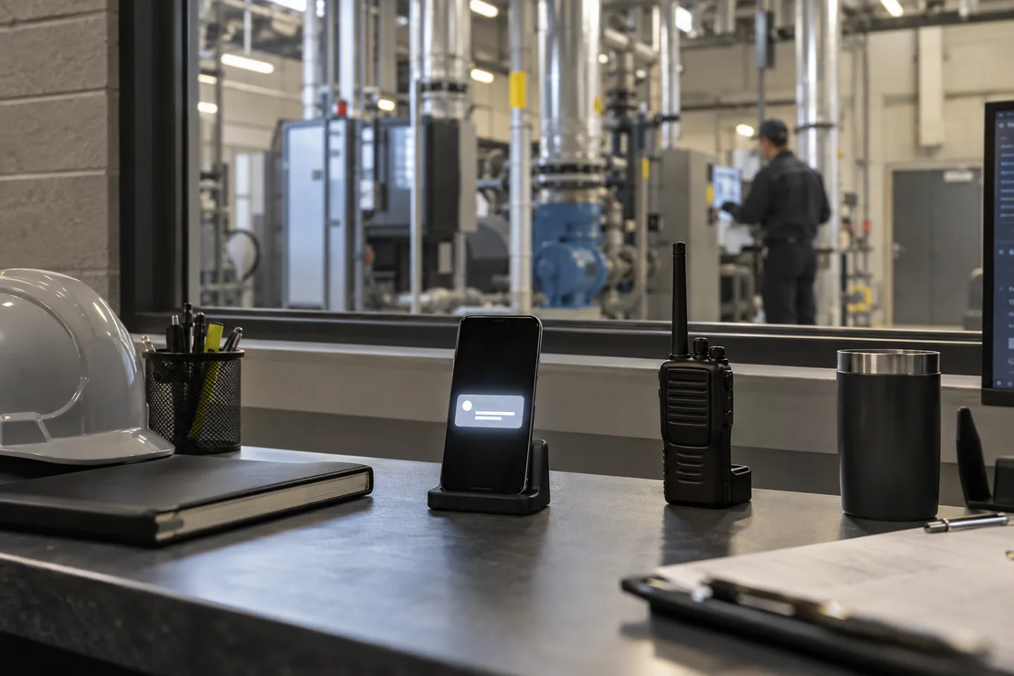 Unbranded smartphone upright in a charging stand on a facilities desk beside a radio, softly glowing abstract notification card with no readable text, plant-room window behind
