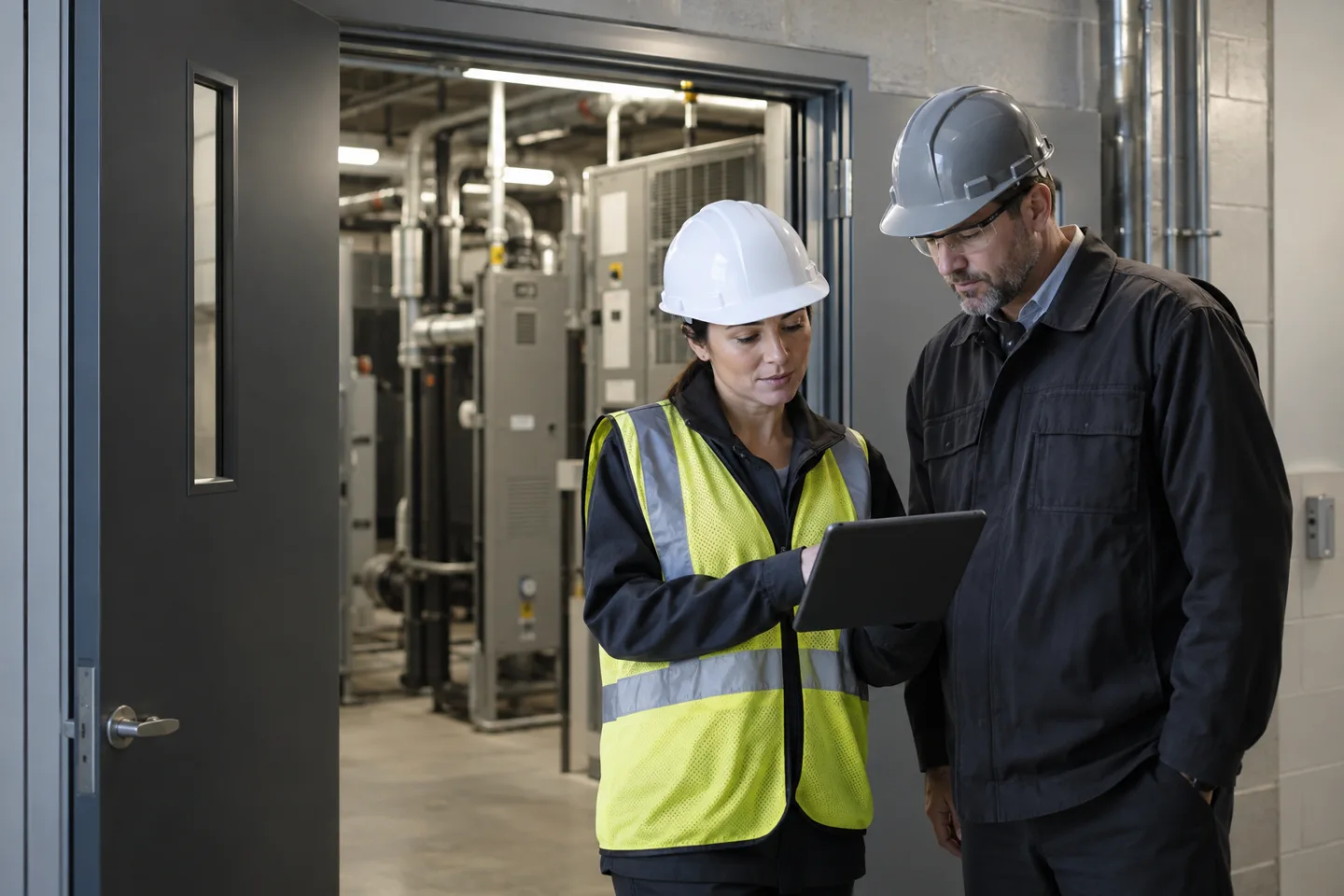 Facilities coordinator and technician in PPE reviewing a tablet together beside a commercial equipment room entrance, calm professional response, hands mostly obscured