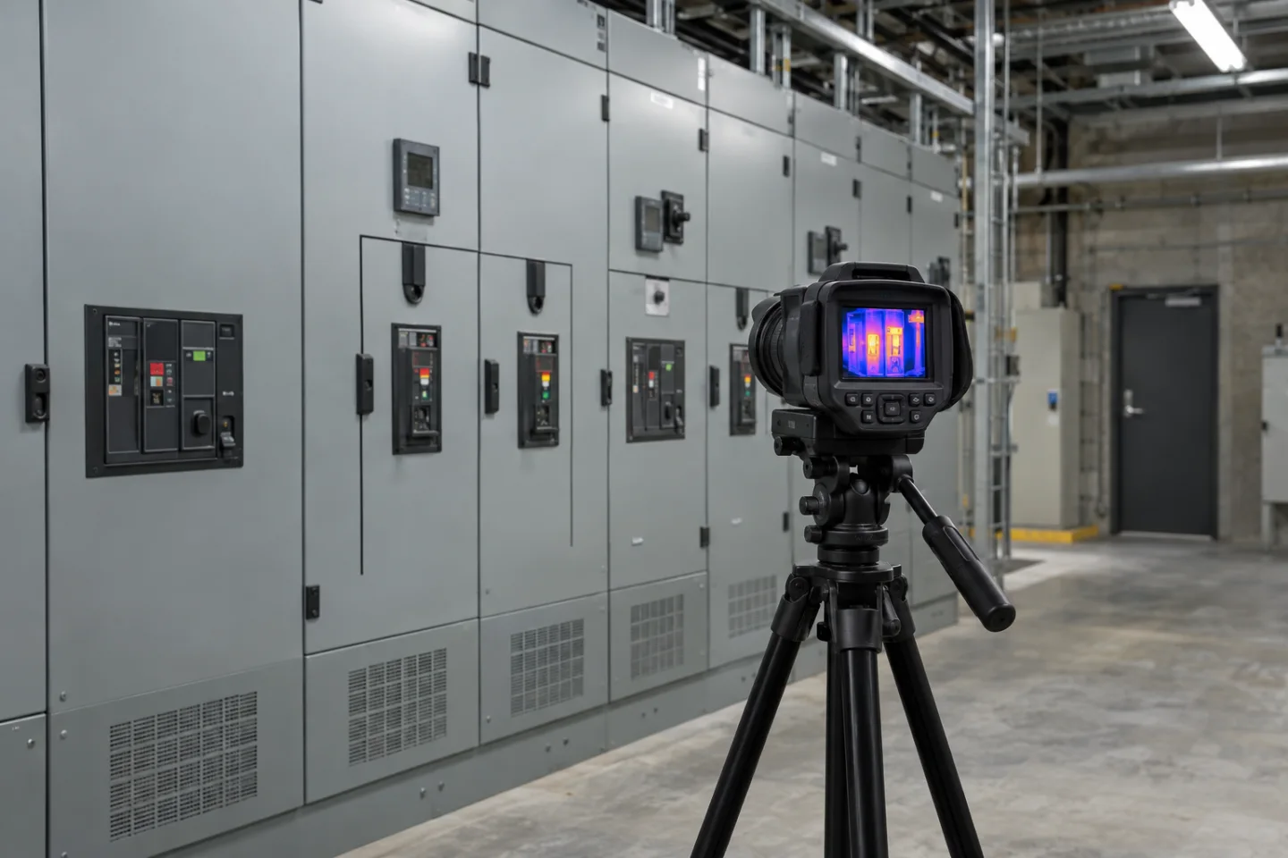 Industrial electrical room with closed switchgear and a tripod-mounted thermal inspection camera directed at the equipment, small realistic colour heat map on its screen