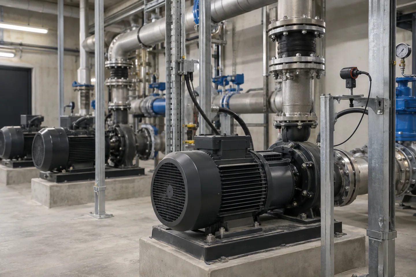 Commercial pump room with electric motors and neat pipework, a fixed industrial thermal sensor on a bracket, all equipment stable and grounded