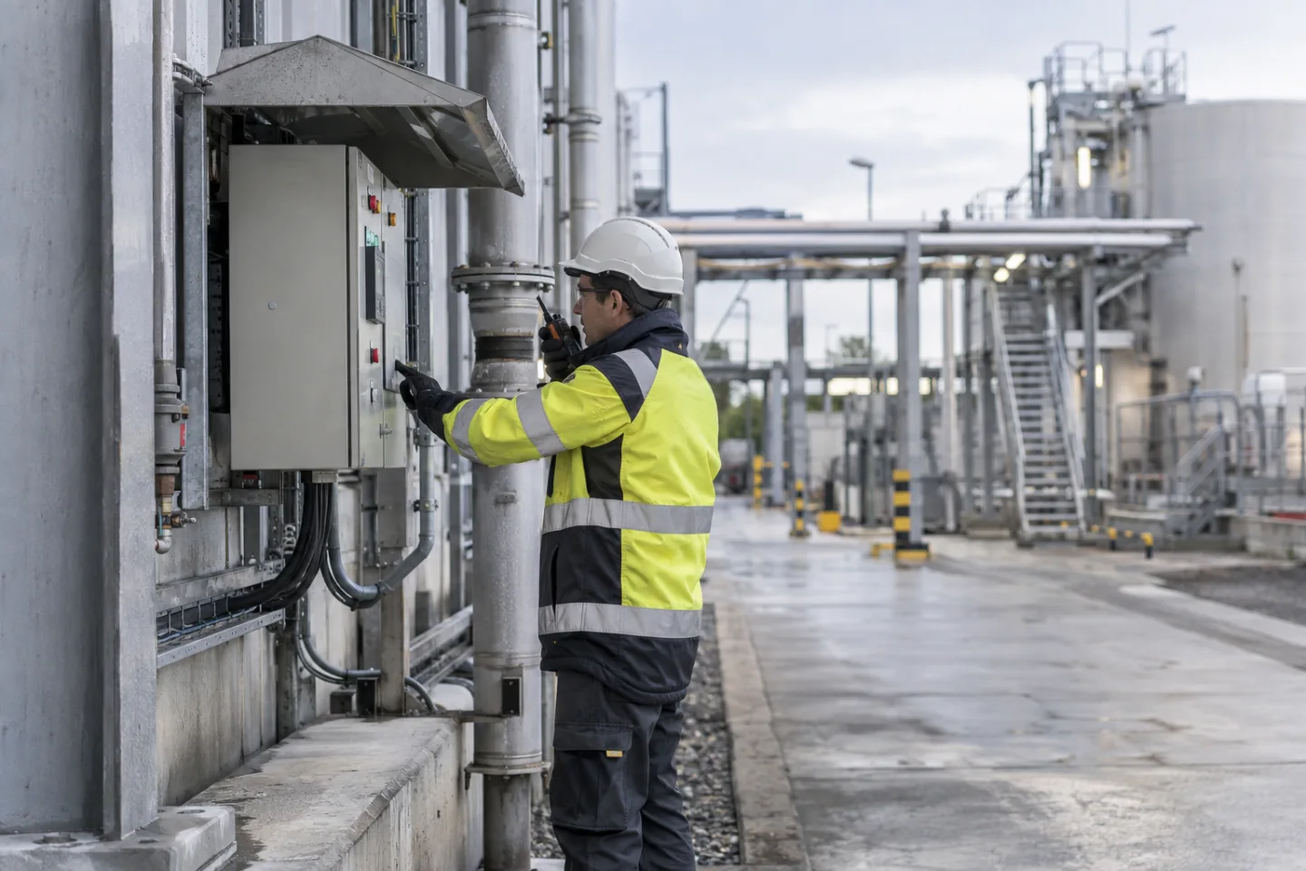 Industrial site control point with a supervisor in appropriate PPE checking a wall equipment panel and speaking into a radio, no fire, no readable signage