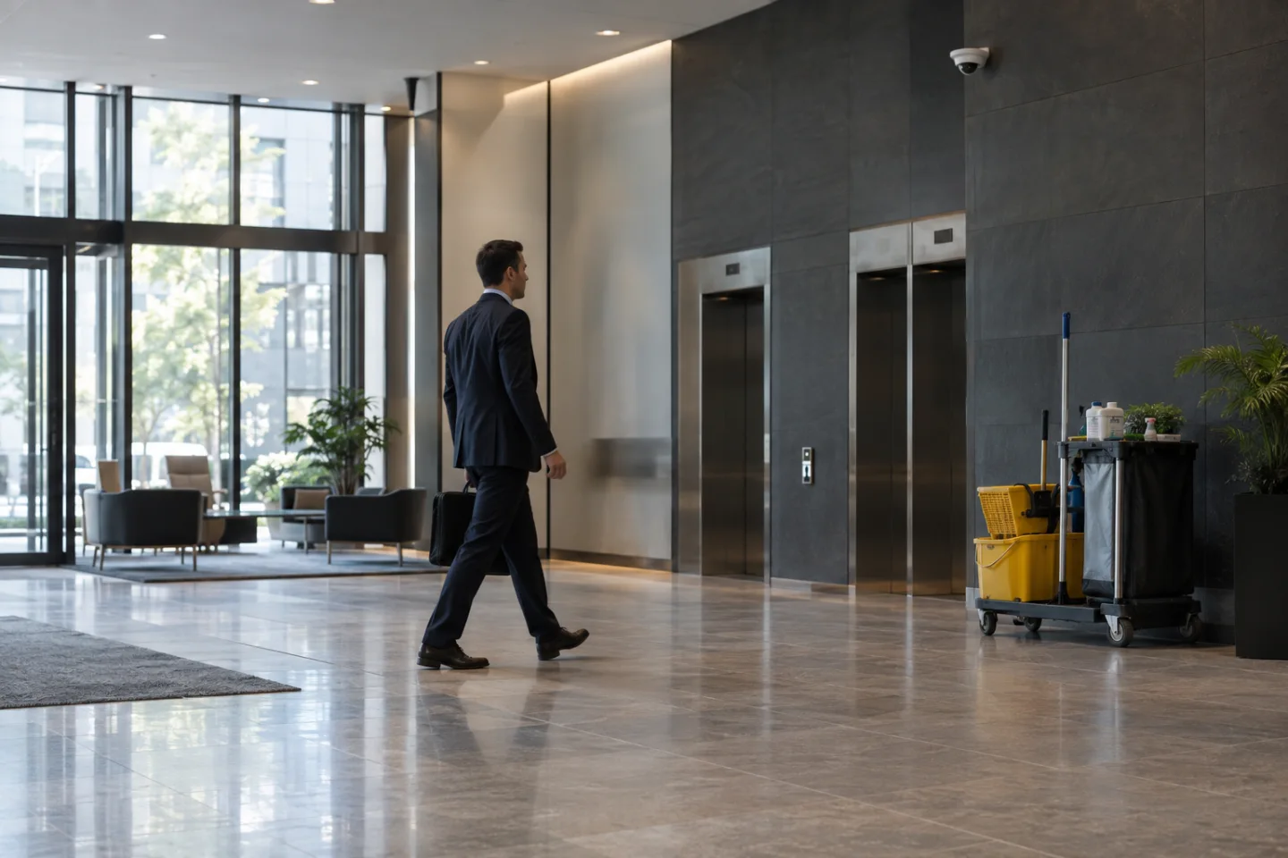 Office lobby with one adult visitor walking past stationary cleaning equipment, discrete dome camera, wide side view with realistic proportions