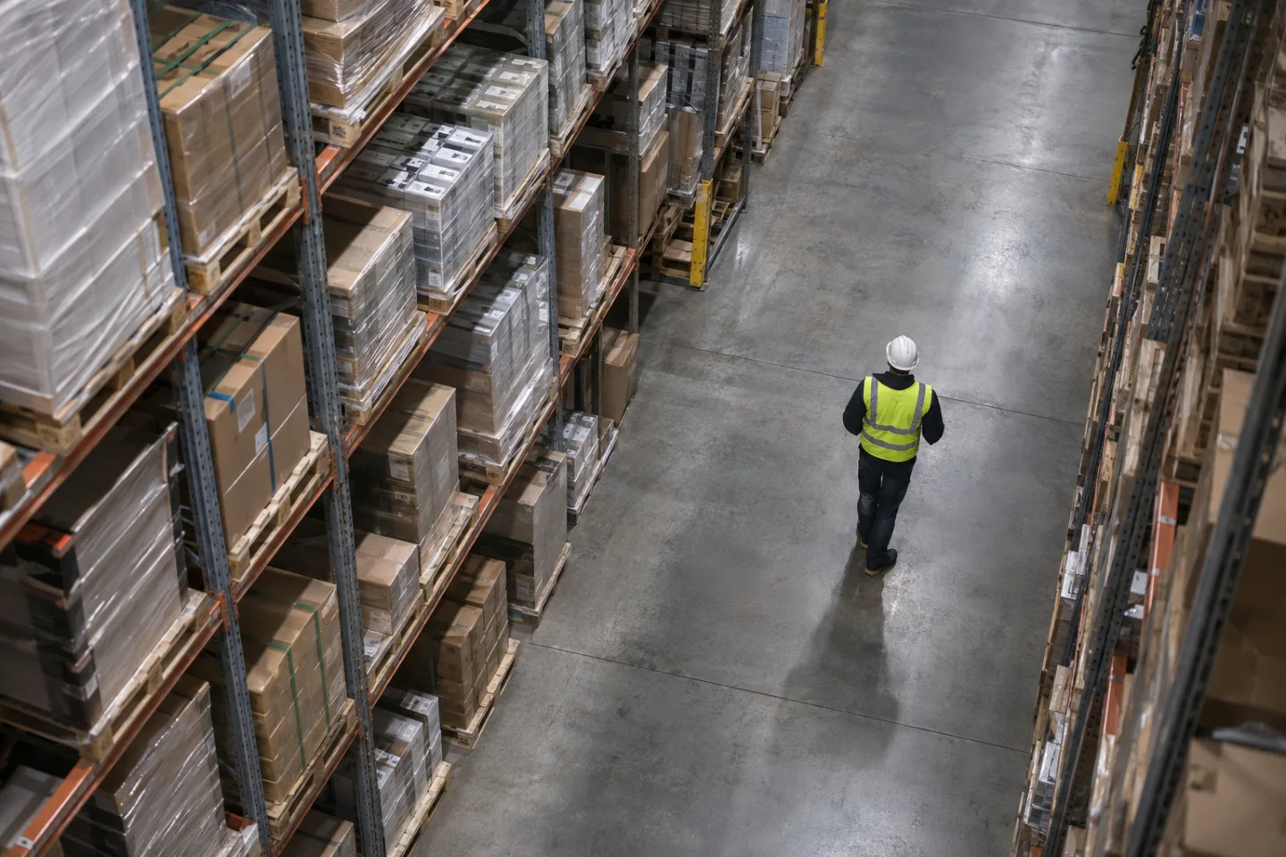 Warehouse service aisle with one worker in PPE at a distance and static pallets, overhead camera, practical lighting
