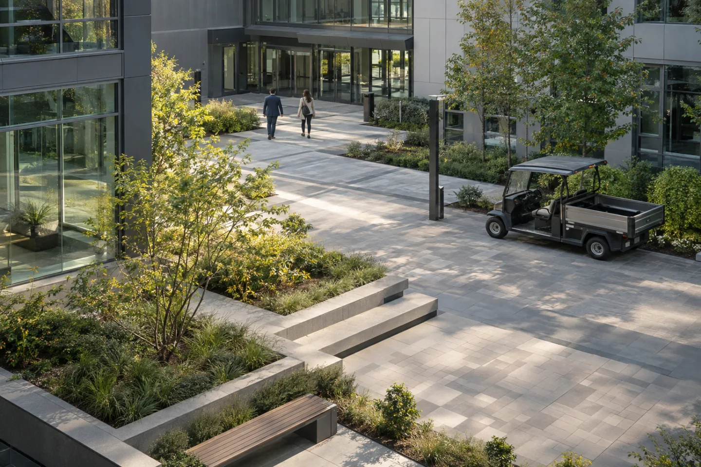 Commercial courtyard seen from an elevated camera-style viewpoint, two distant adults on a walkway and a parked utility cart clearly separated, natural afternoon light