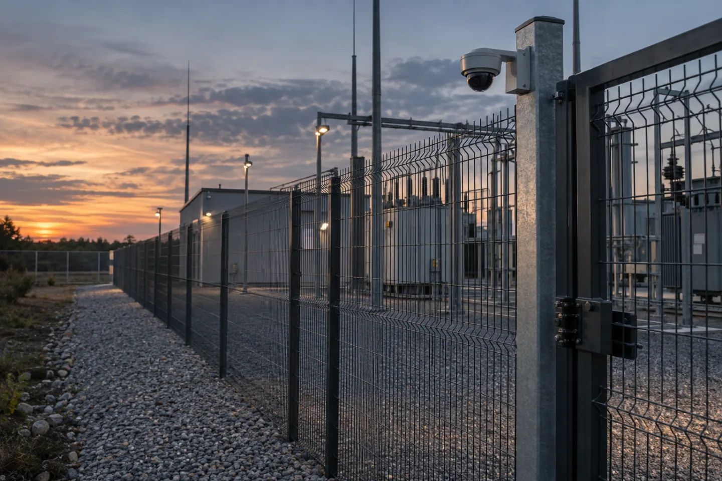 Industrial utility compound fence with a properly mounted outdoor camera, gravel inspection strip and secure gate, dusk, no people