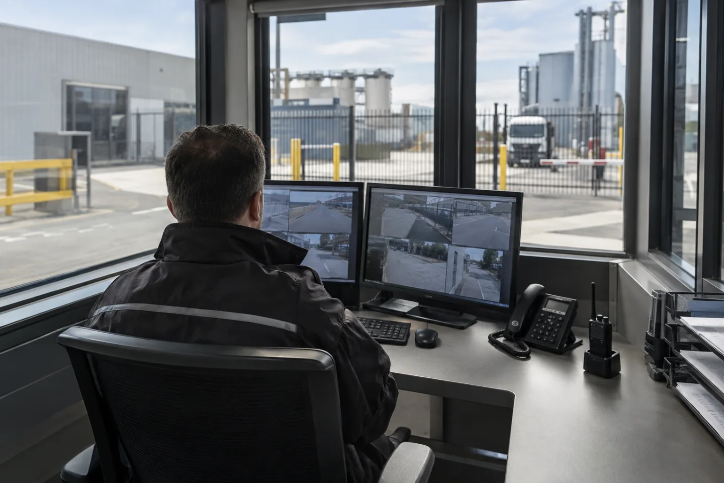 Security workstation in a gatehouse overlooking a fenced industrial yard, one operator seen from behind, discreet unbranded radio and abstract screen thumbnails