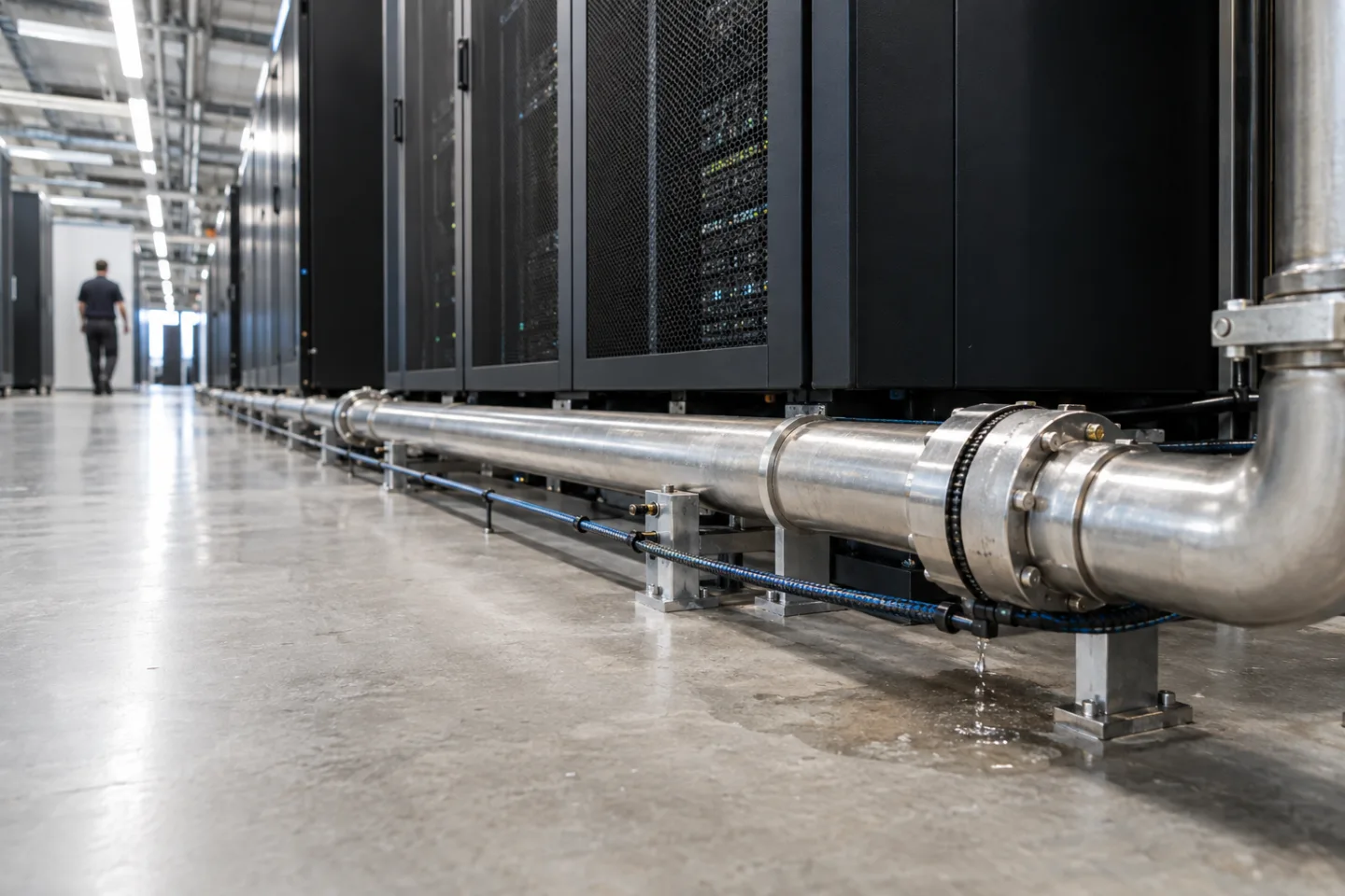 Data-room cooling pipes with a discreet leak sensing cable at floor level beside rack plinths, tidy fittings and small shallow water trace beneath one joint