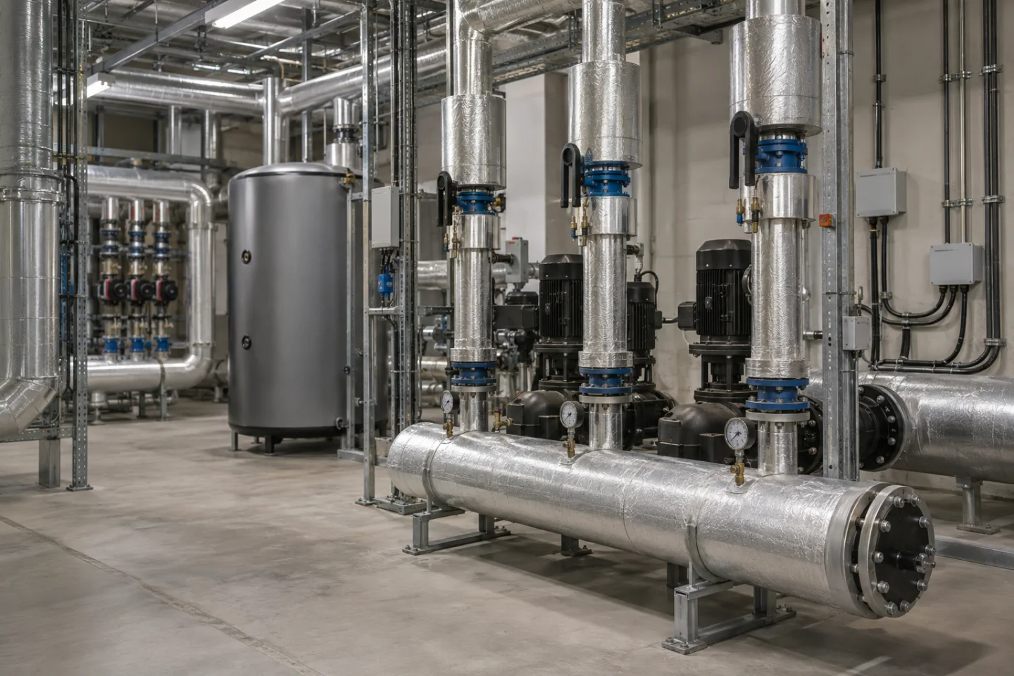 Commercial plant room with pump manifolds, pipe insulation and neatly installed environmental sensor junction boxes, dry floor, no people