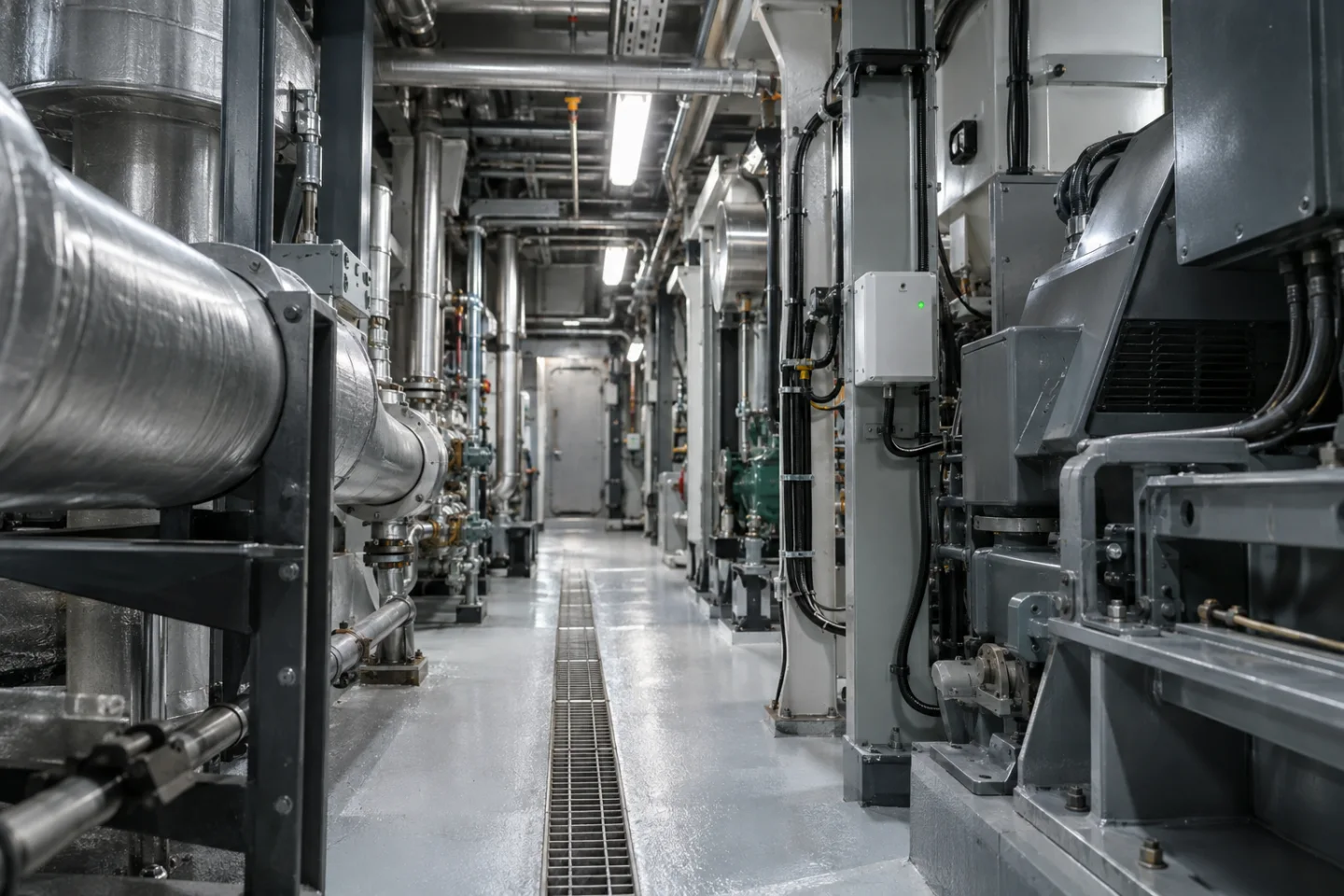 Realistic vessel machinery service corridor with supported pipework, floor drainage channel and a small environmental sensor enclosure, cool practical lighting