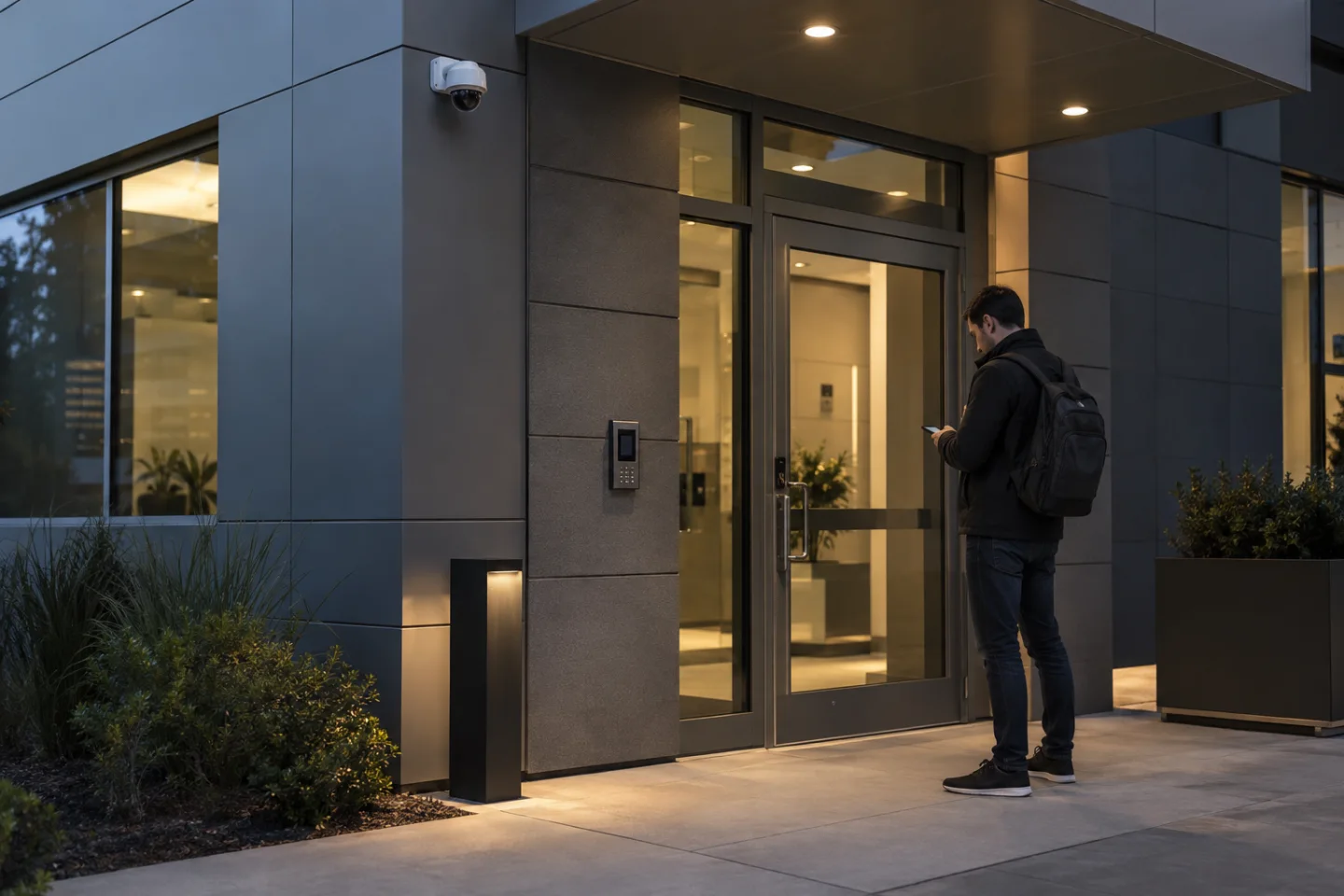 Commercial building side entrance at dusk with one adult waiting and looking at a phone, neutral ordinary behaviour, camera on wall, no menace