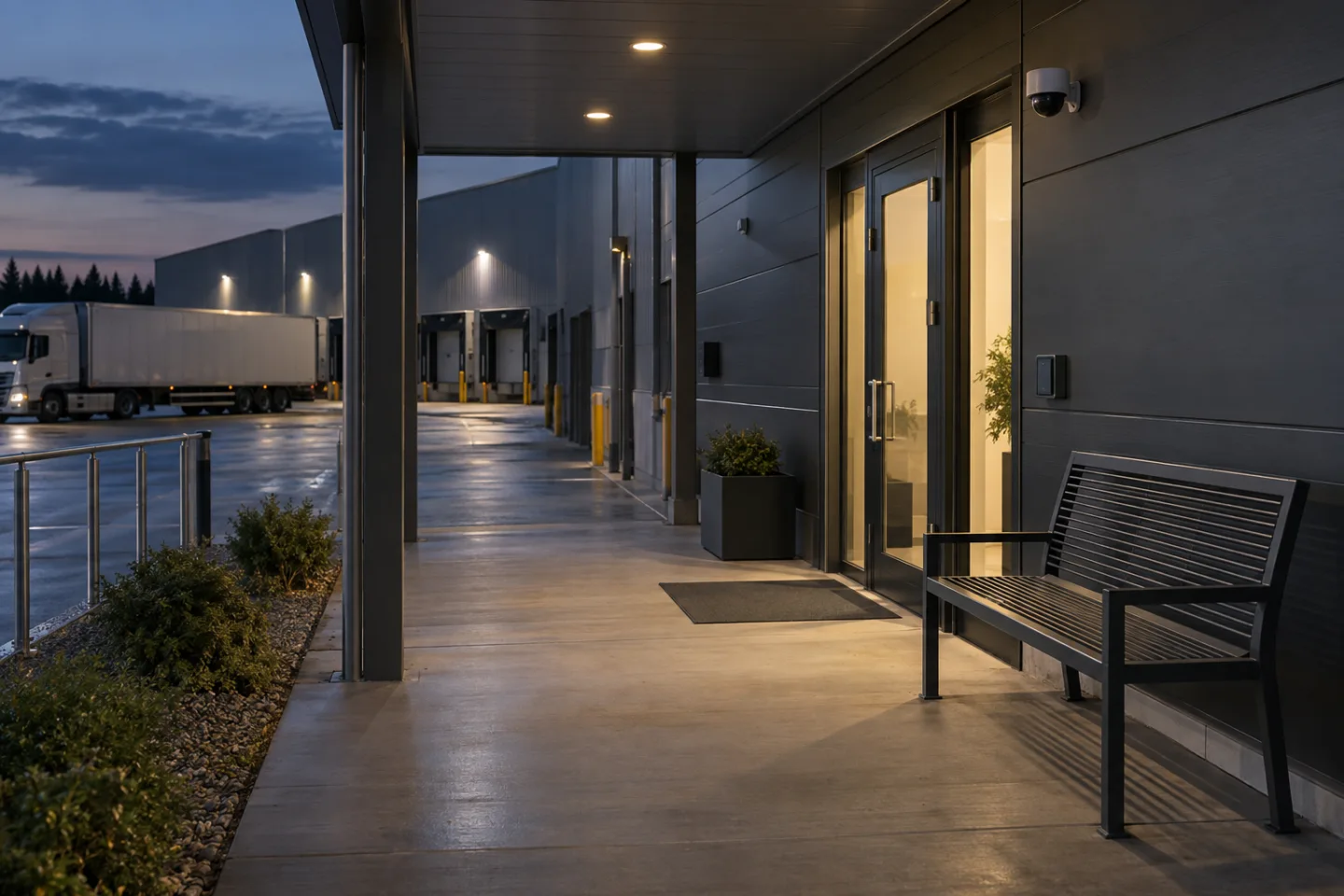 Quiet sheltered loading-bay walkway outside a logistics building at evening, bench and illuminated access door, camera covering a defined waiting zone