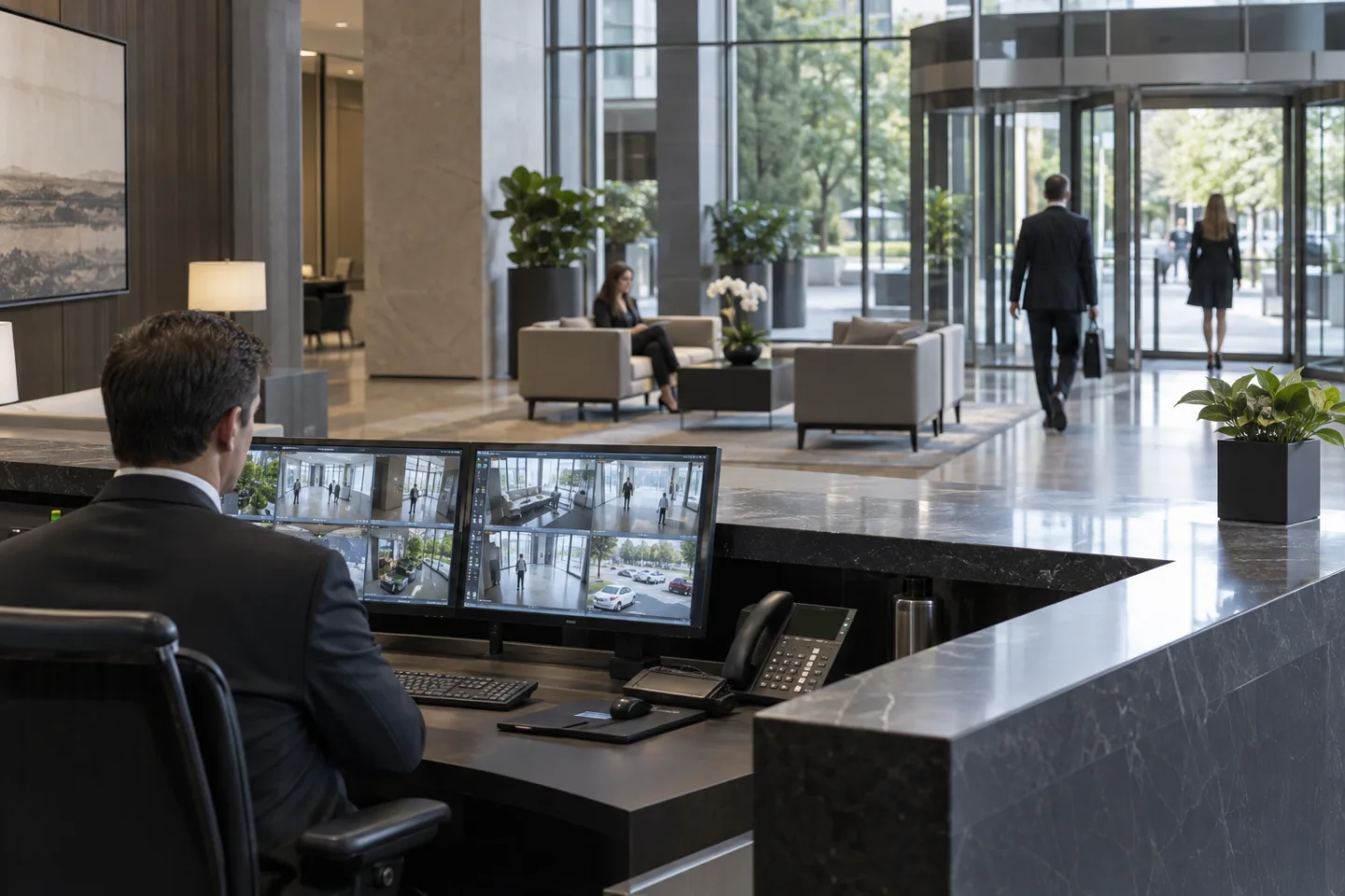 Hotel-style business lobby security desk with staff member reviewing abstract camera thumbnails, view toward a visitor seating area, no readable screen text