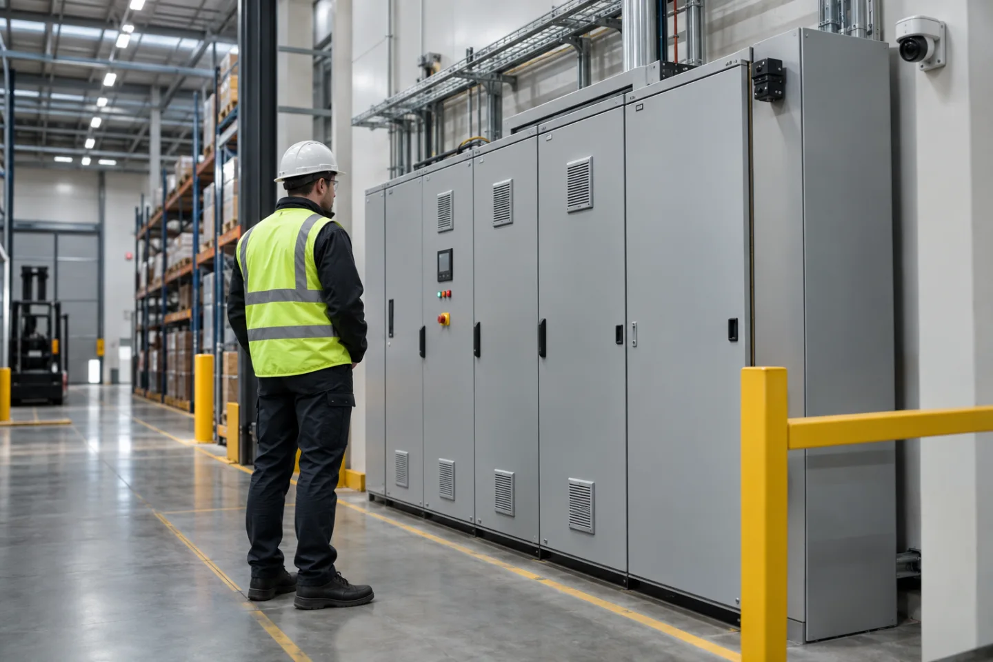 Warehouse maintenance aisle with one adult technician standing safely beside a closed equipment cabinet, wearing a hard hat and high-visibility vest, camera in background