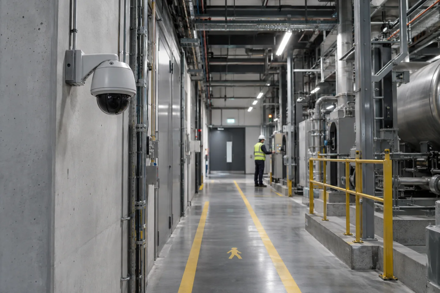 Industrial service passage with a wall-mounted camera and marked pedestrian route, one distant adult worker checking equipment while standing normally