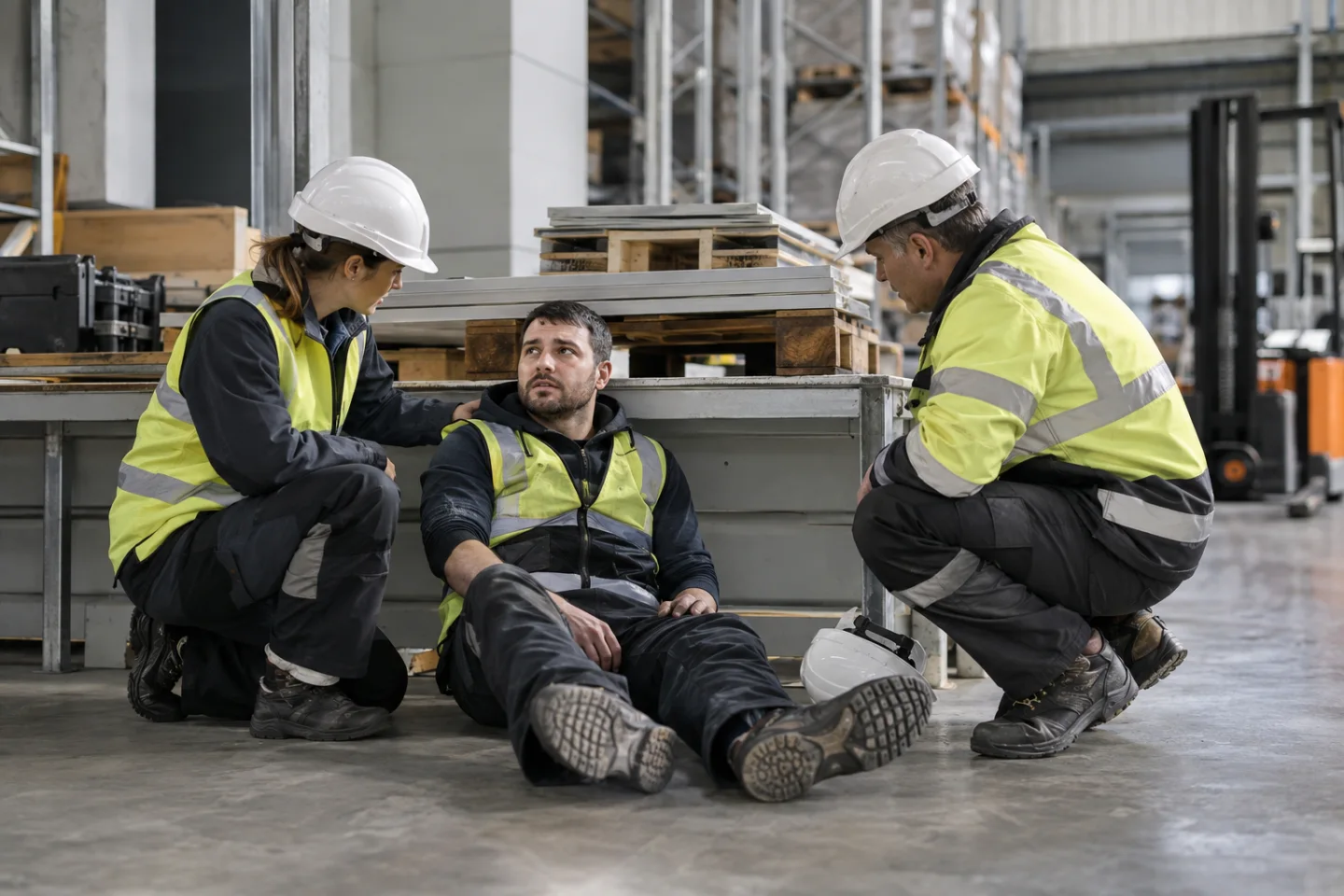 Two warehouse colleagues in PPE calmly attending a conscious seated worker resting against a low bench, reassuring non-graphic training scenario, no collapse or injury