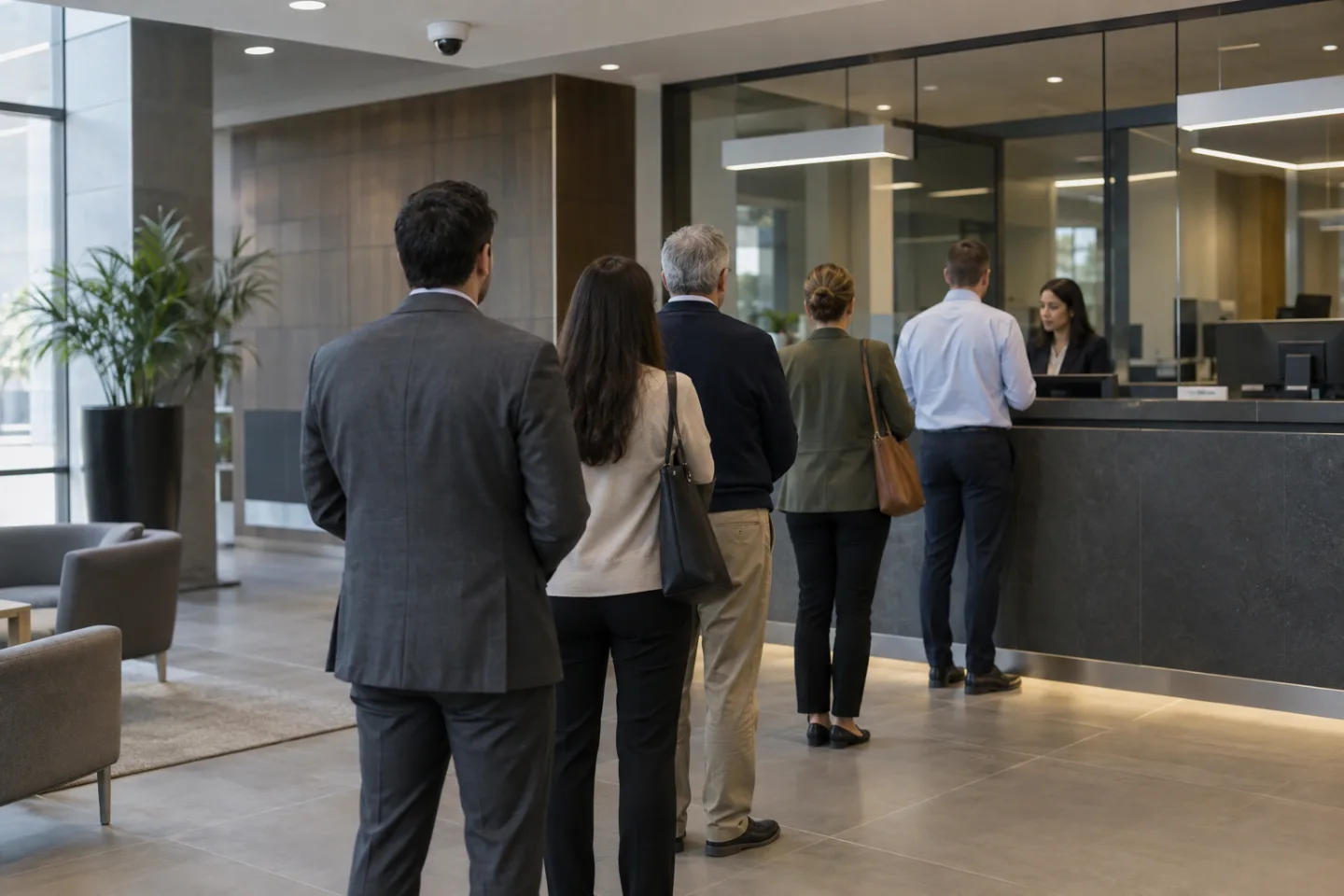 Bank-style commercial service lobby with five adults forming a short orderly queue and a ceiling camera, unbranded counters, no readable signs