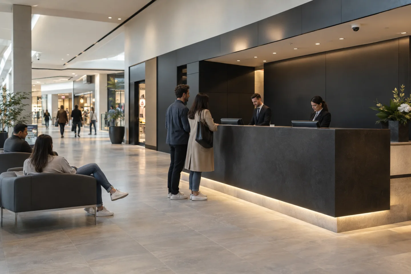 Shopping centre concierge area with two staff and a small waiting group, broad circulation route and discreet camera, premium commercial interior