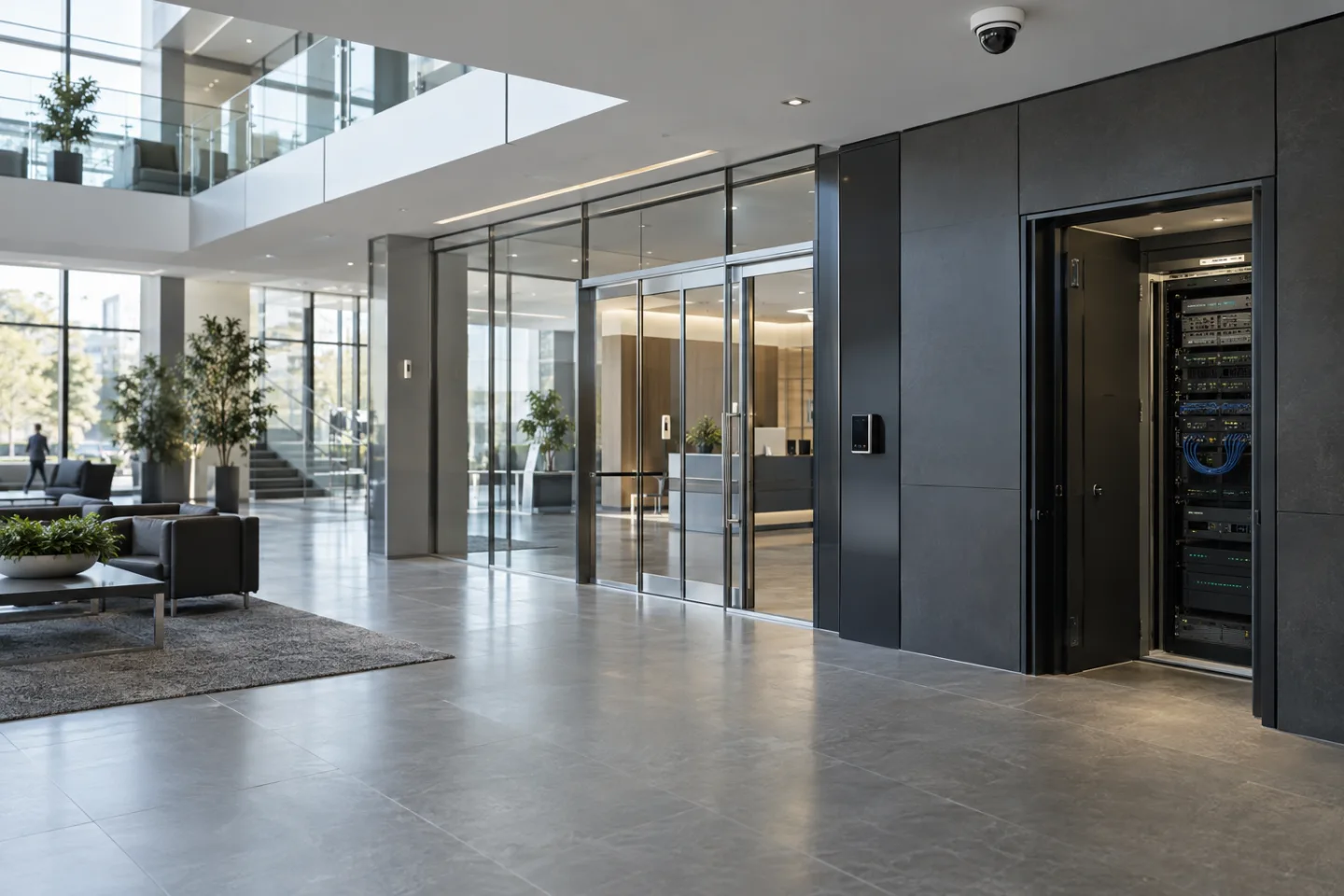 Wide office atrium with a discrete ceiling camera, access-controlled glass doors and a recessed equipment cabinet, soft daylight, no people close up