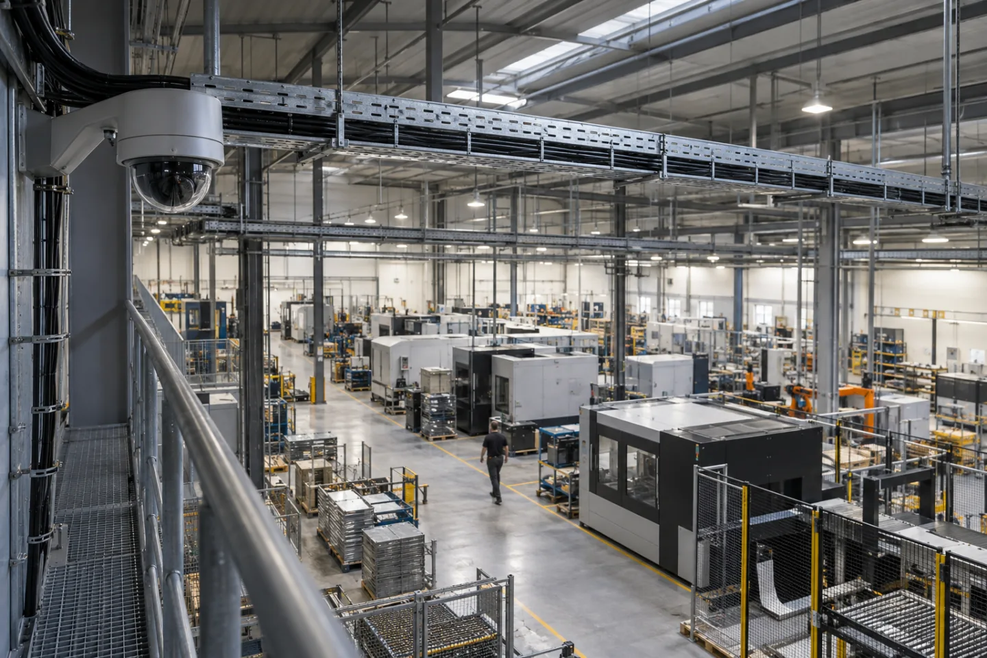 Industrial production hall viewed from a service gallery, fixed monitoring cameras and well-supported cable trays linking machine areas, no branding