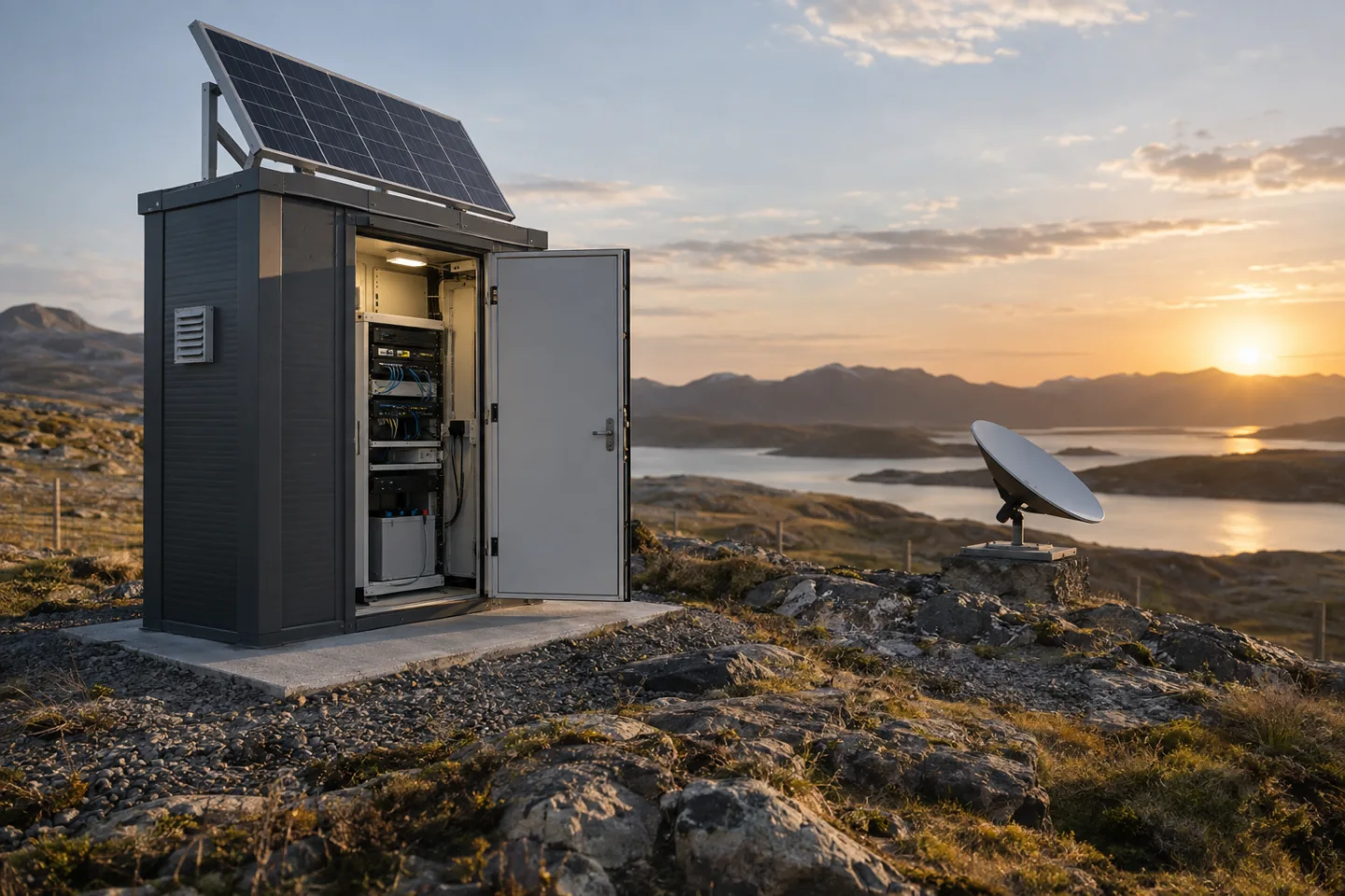 Small remote solar-powered equipment shelter with orderly communications cabinet and a low-profile satellite terminal, rugged open landscape, late afternoon