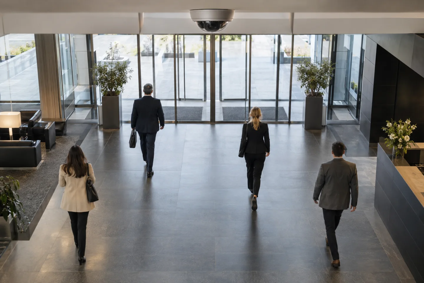 Corporate office lobby seen from above, four adult visitors walking separately through broad entrance lanes under a ceiling-mounted counting camera