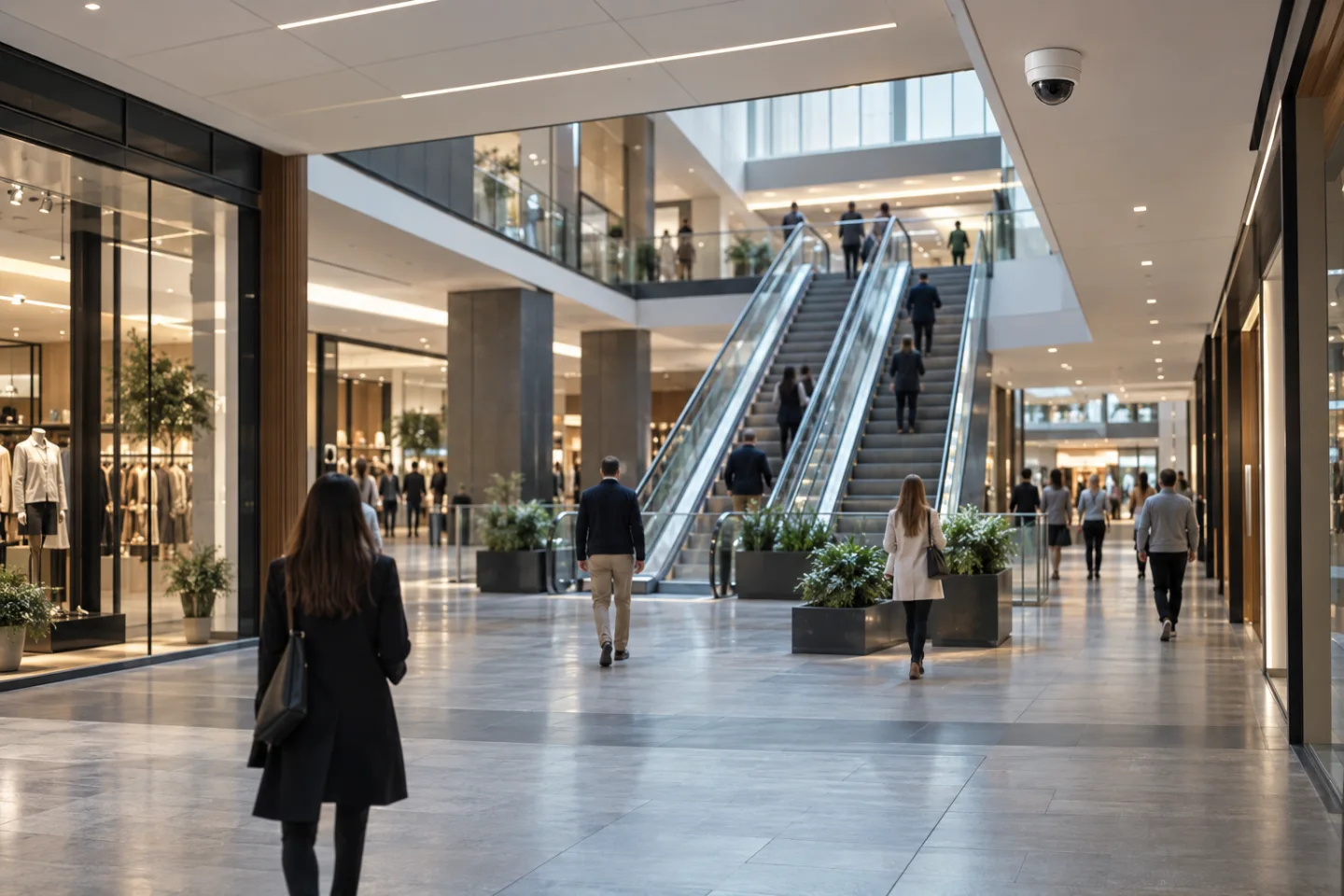 Unbranded shopping centre concourse with escalators and several distant shoppers, visible ceiling camera, clear circulation paths