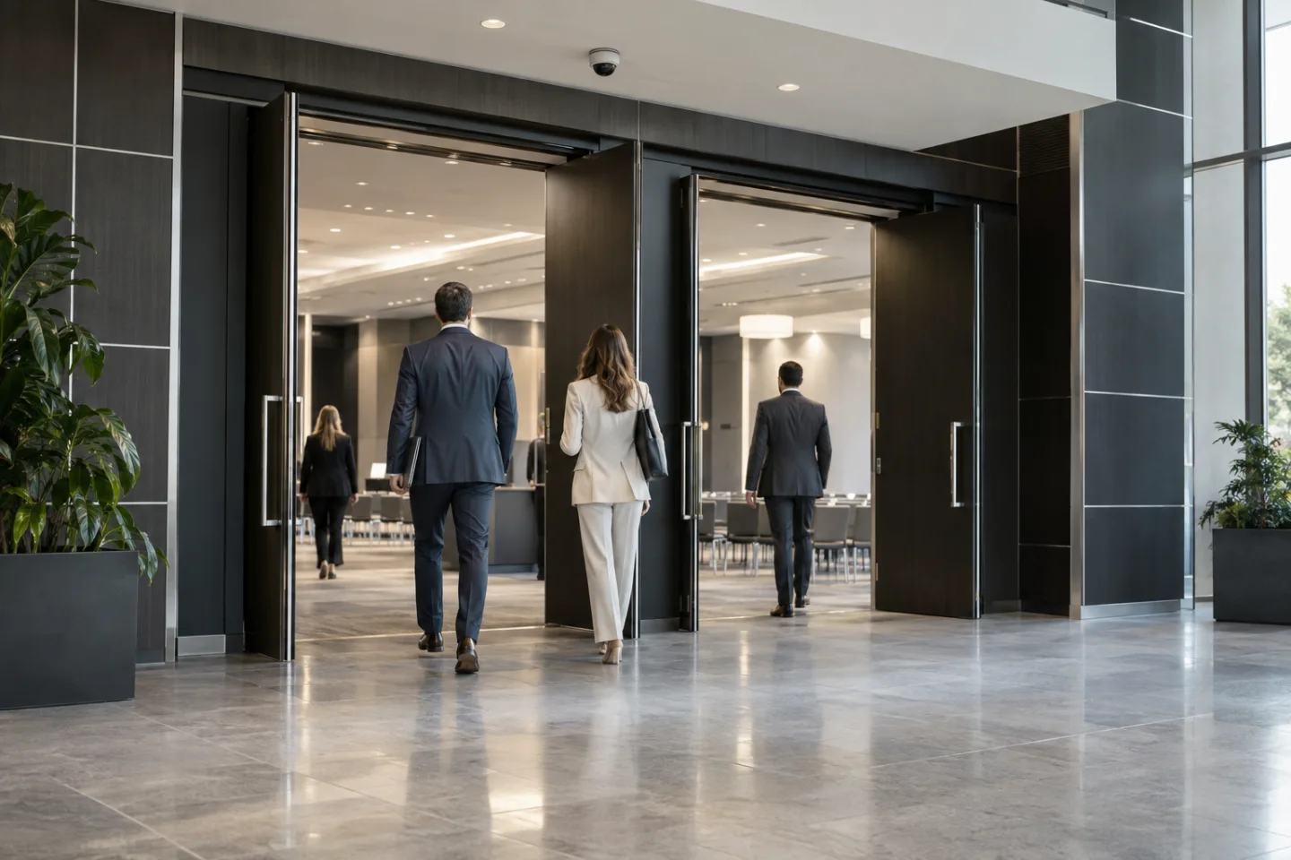 Conference venue foyer with a pair of wide doorways and a few adults entering, realistic overhead sensor, spacious professional architecture