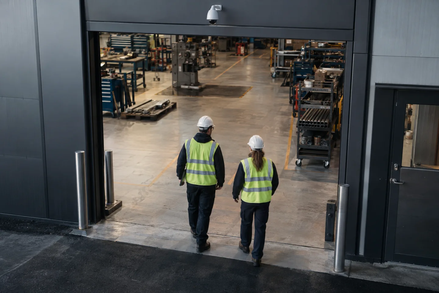 Two industrial workers seen at medium distance wearing correctly fitted hard hats and reflective vests entering a controlled workshop, real camera above doorway
