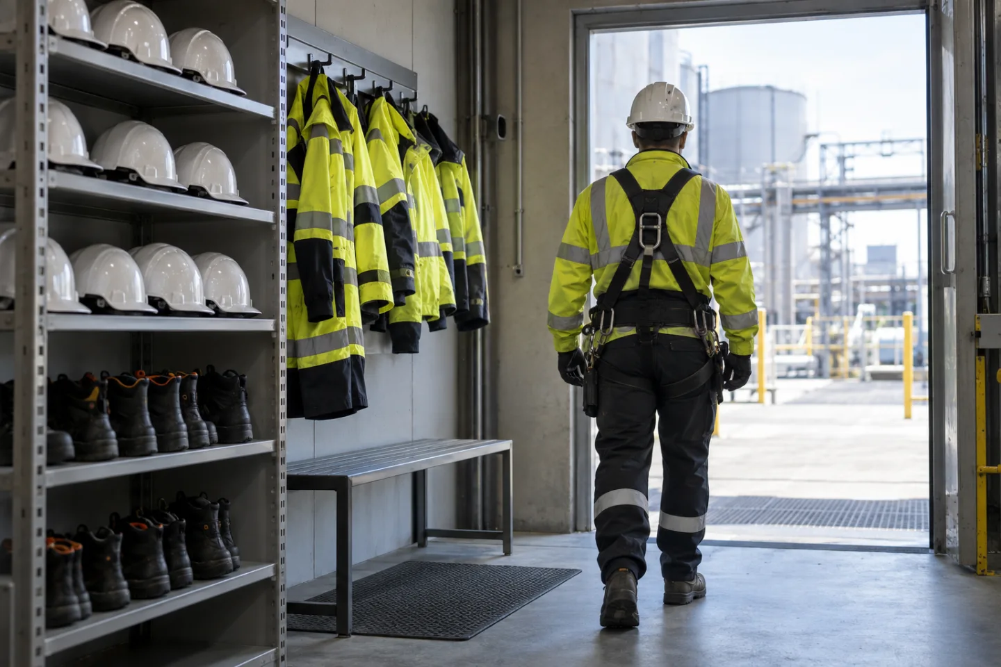 Orderly PPE preparation area beside an industrial entrance, helmets on shelves and high-visibility jackets on hooks, a worker fully equipped seen from behind