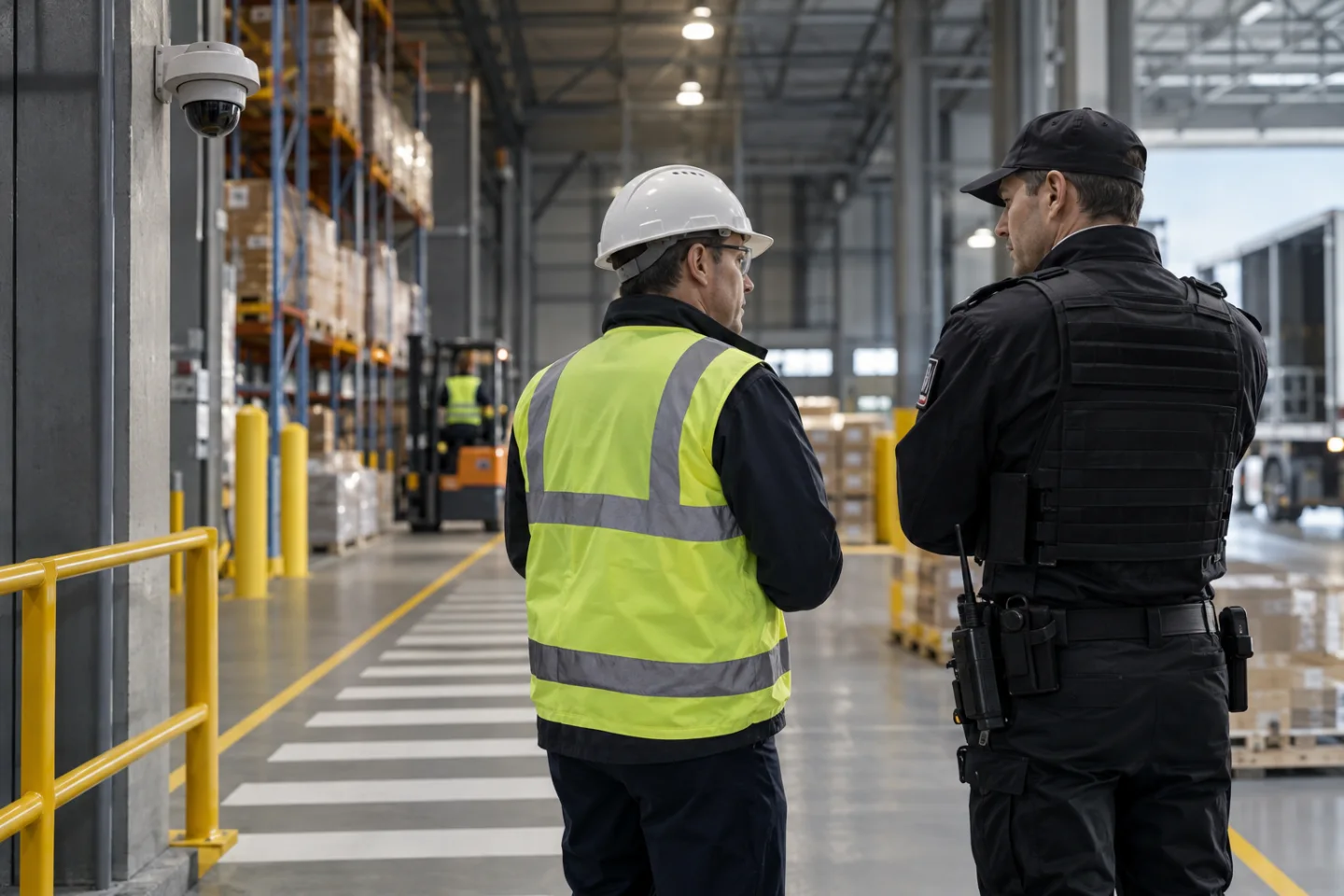 Warehouse supervisor wearing a hard hat and high-visibility vest speaking with a security colleague beside a marked pedestrian route