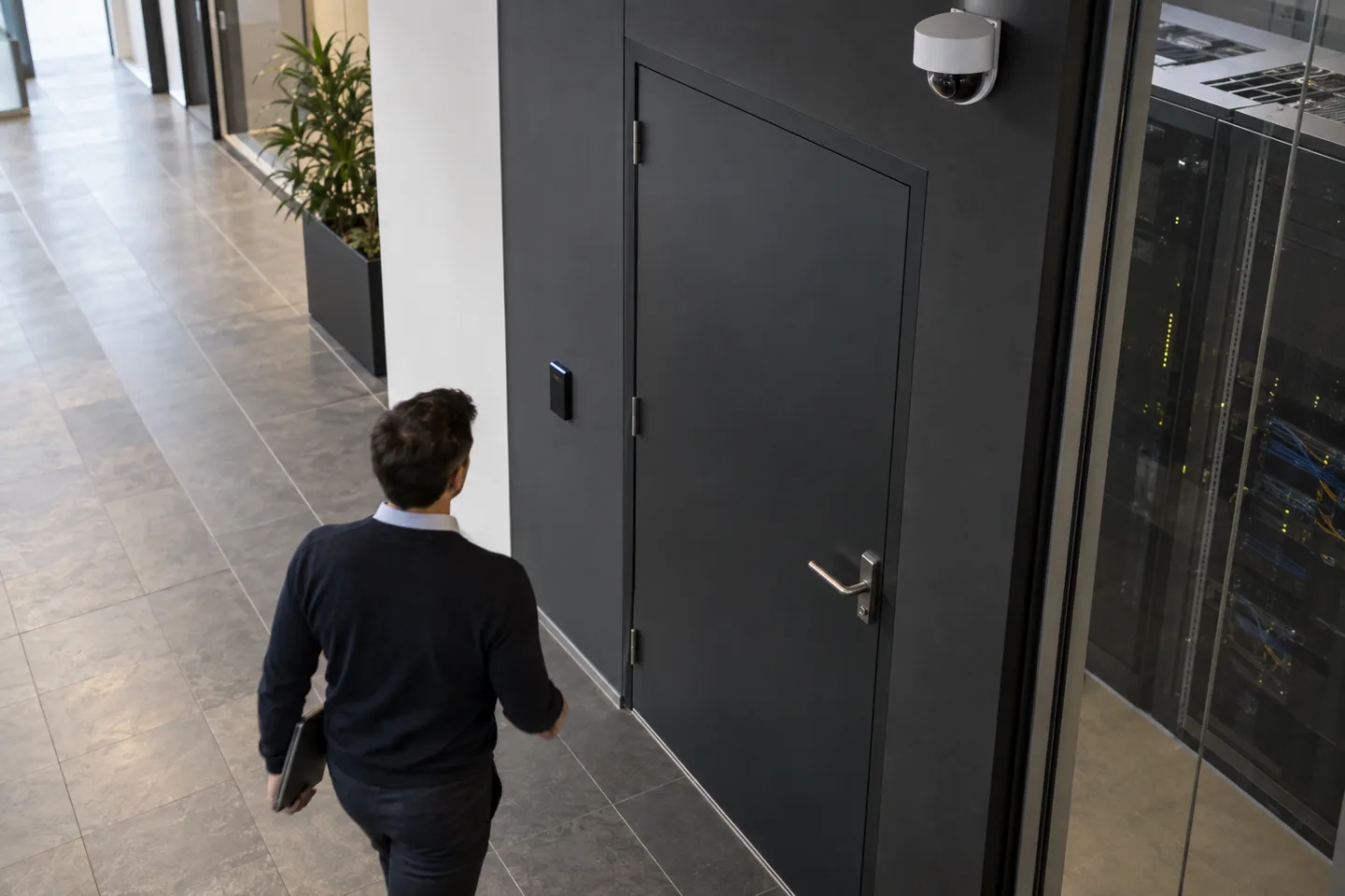 Technical room entrance with badge reader, closed equipment-room door and camera positioned above the approach, modern commercial corridor