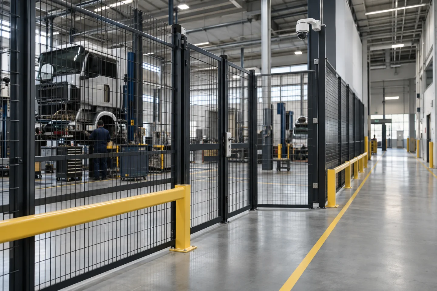 Factory service bay separated from a clear pedestrian aisle by permanent barriers, monitoring camera and locked service gate, no unsafe activity