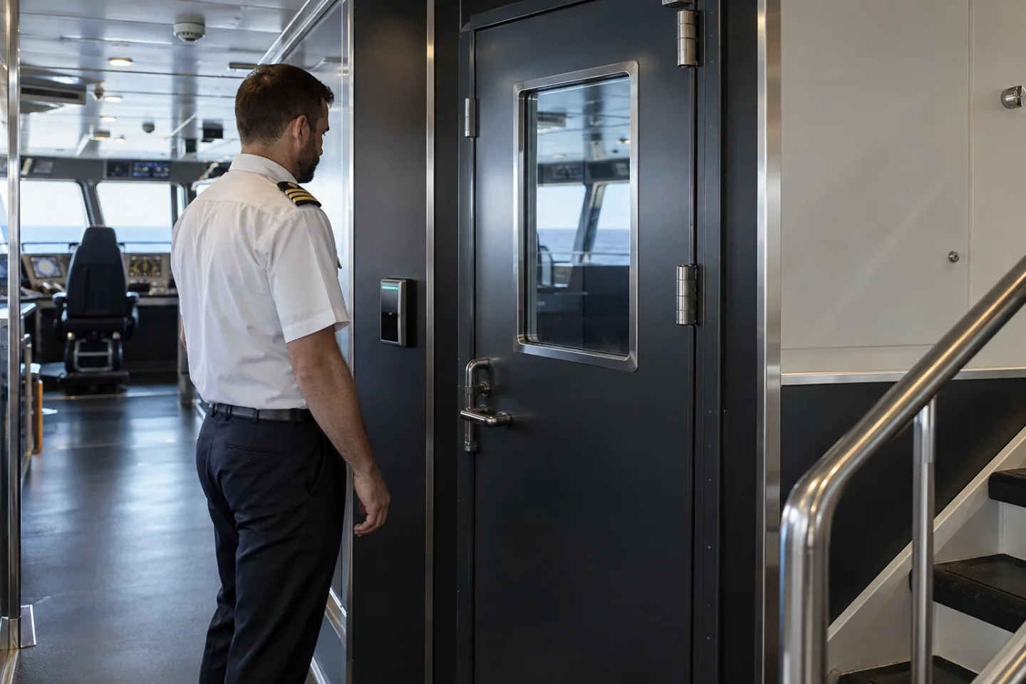 Shipboard bridge-access corridor with a badge reader and a uniformed adult crew member standing beside a closed technical door, realistic marine fixtures