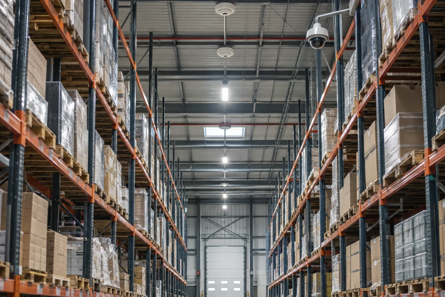 High-bay warehouse aisle with a discrete monitoring camera and ceiling detection devices, clear lighting and storage racks, no smoke or people