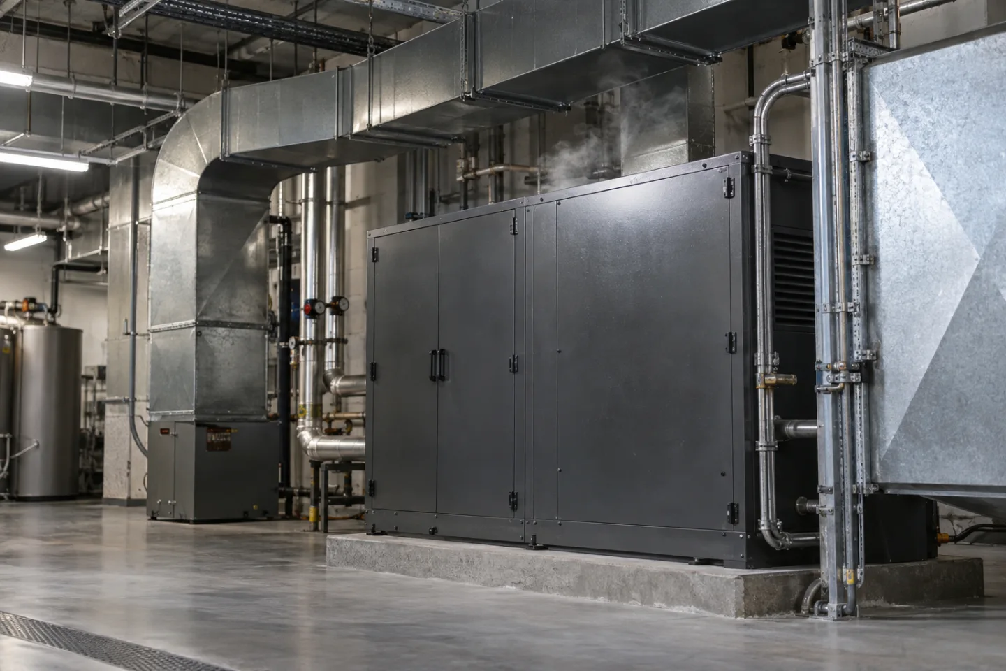 Commercial mechanical room with ventilation ductwork, equipment cabinet and a faint small wisp of smoke near an isolated machine housing, no flames or people