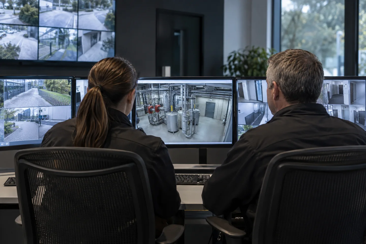 Facilities monitoring desk with a camera-view thumbnail of a plant room, two staff seen from behind reviewing it, screens have no readable labels, calm professional setting