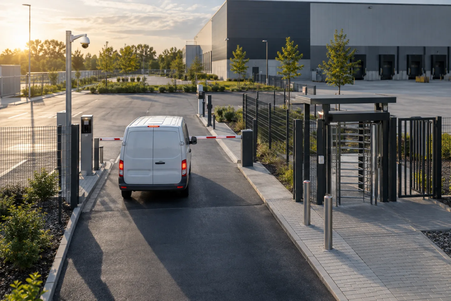 Logistics gate with a single delivery van approaching in a clearly separated vehicle lane, overhead camera on a proper pole and pedestrian barrier, early morning