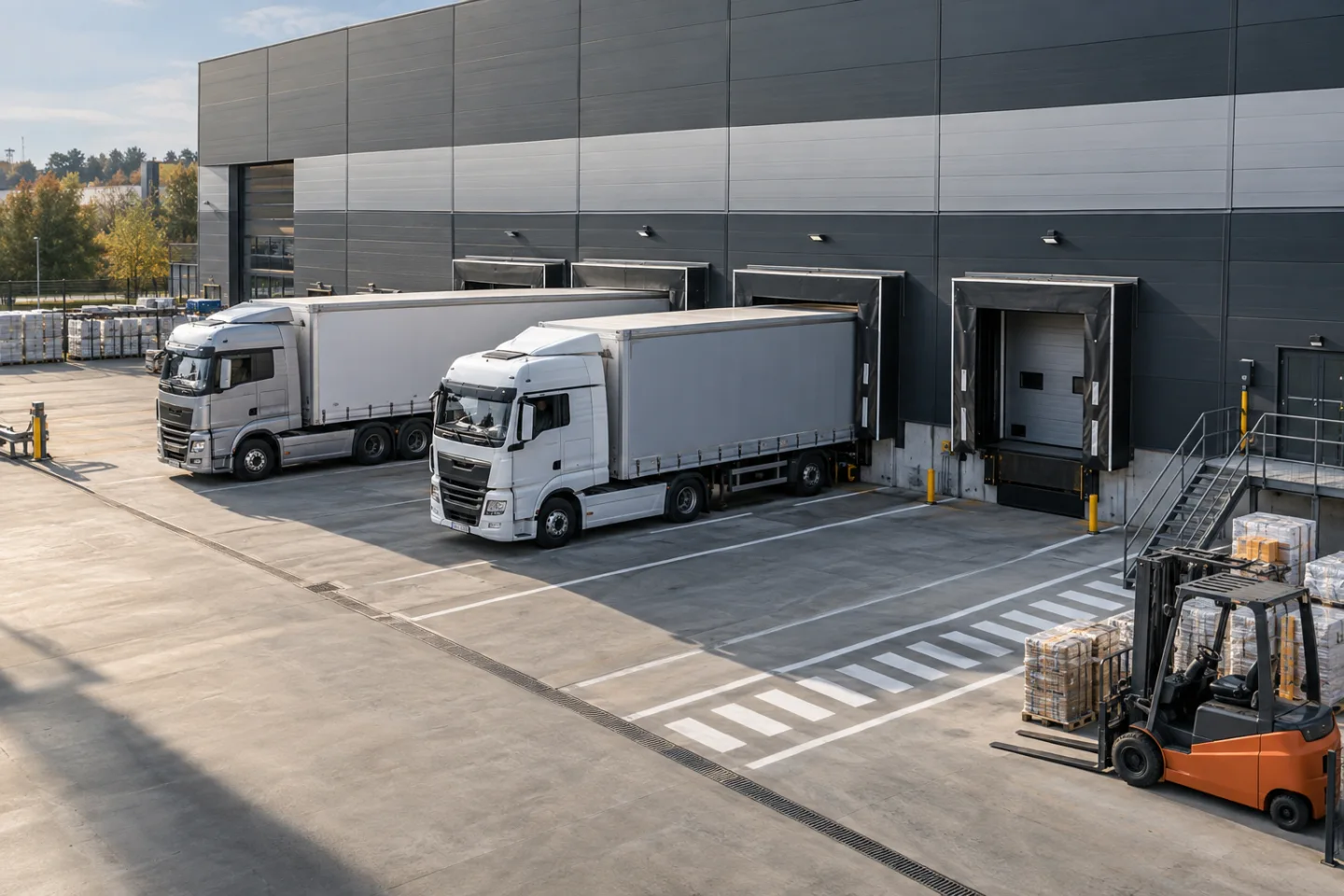 Warehouse loading yard with two trucks parked at docks and one forklift parked safely away from pedestrian walkway, elevated viewpoint, no logos