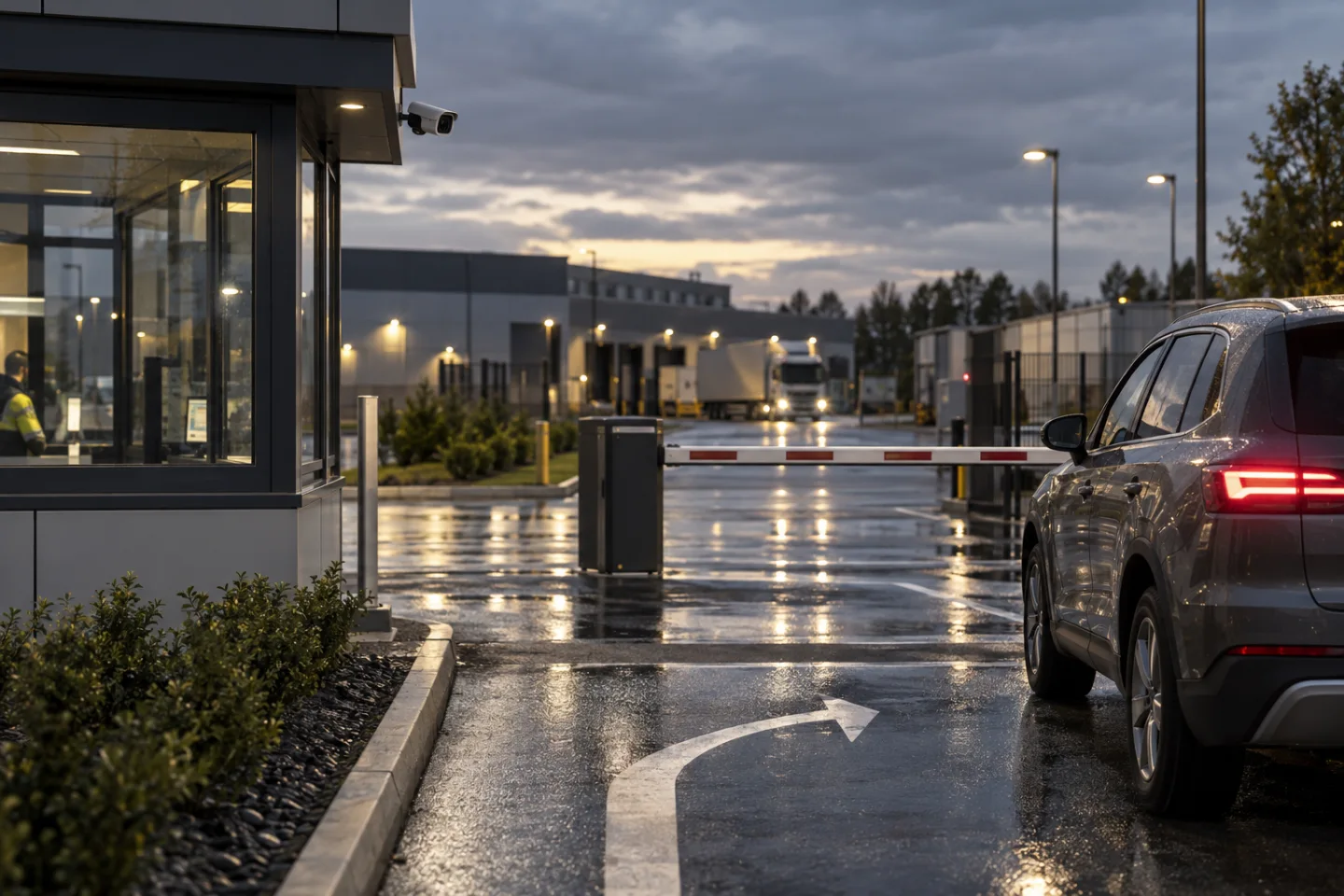 Commercial depot entrance with a small camera overlooking a marked turn lane and a vehicle waiting behind a barrier, wet evening asphalt
