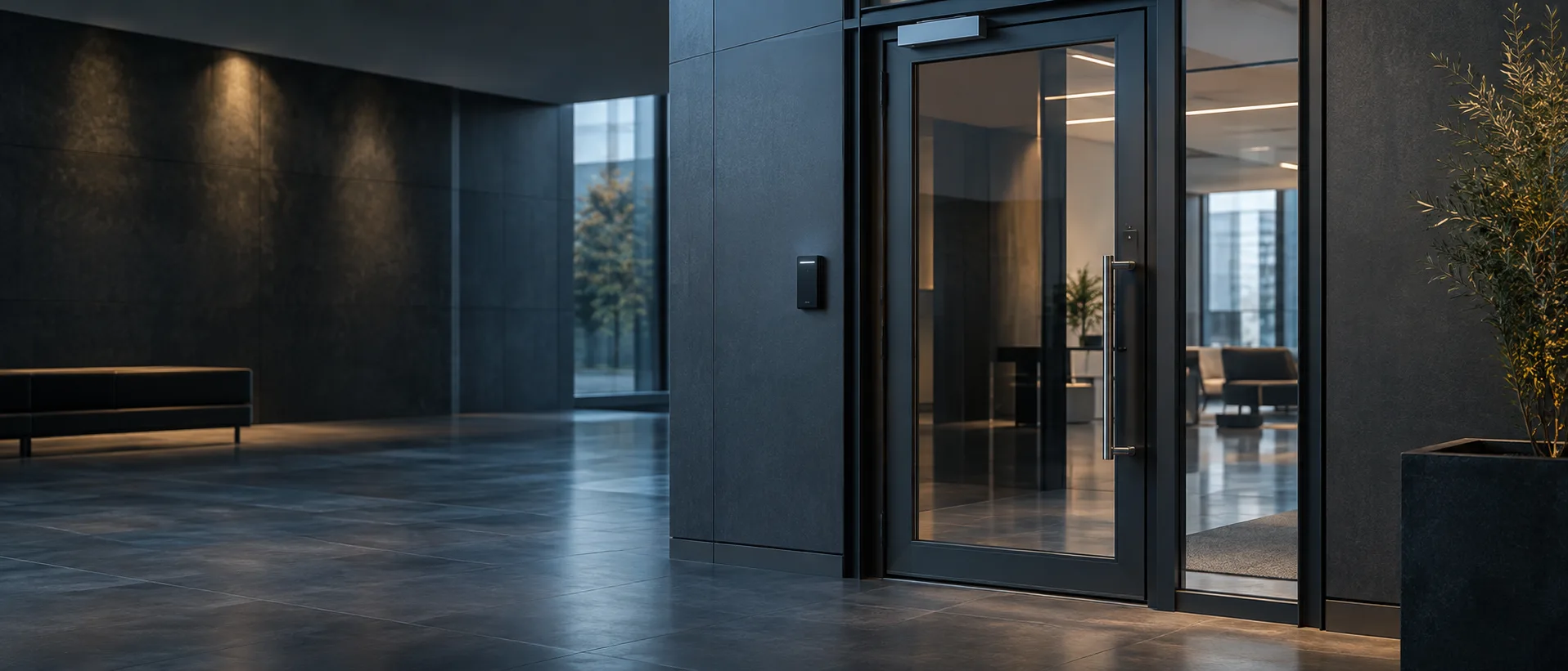 Illustration of a wall-mounted access reader beside glazed entrance doors
