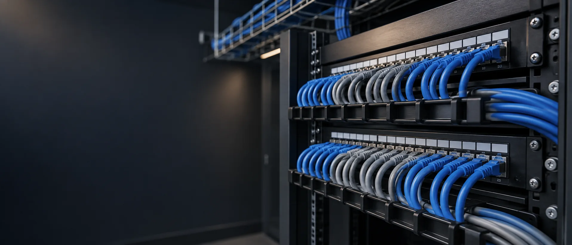 Illustration of blue and grey data cables terminated at patch panels in a network cabinet