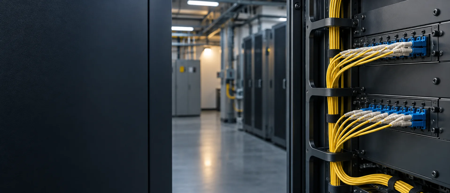 Illustration of yellow optical patch leads and fibre terminations beside a row of equipment racks