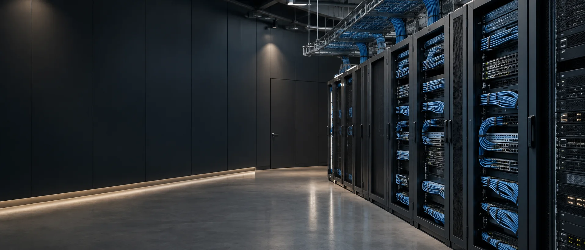 Illustration of network racks with organised blue patch cables in a commercial communications room